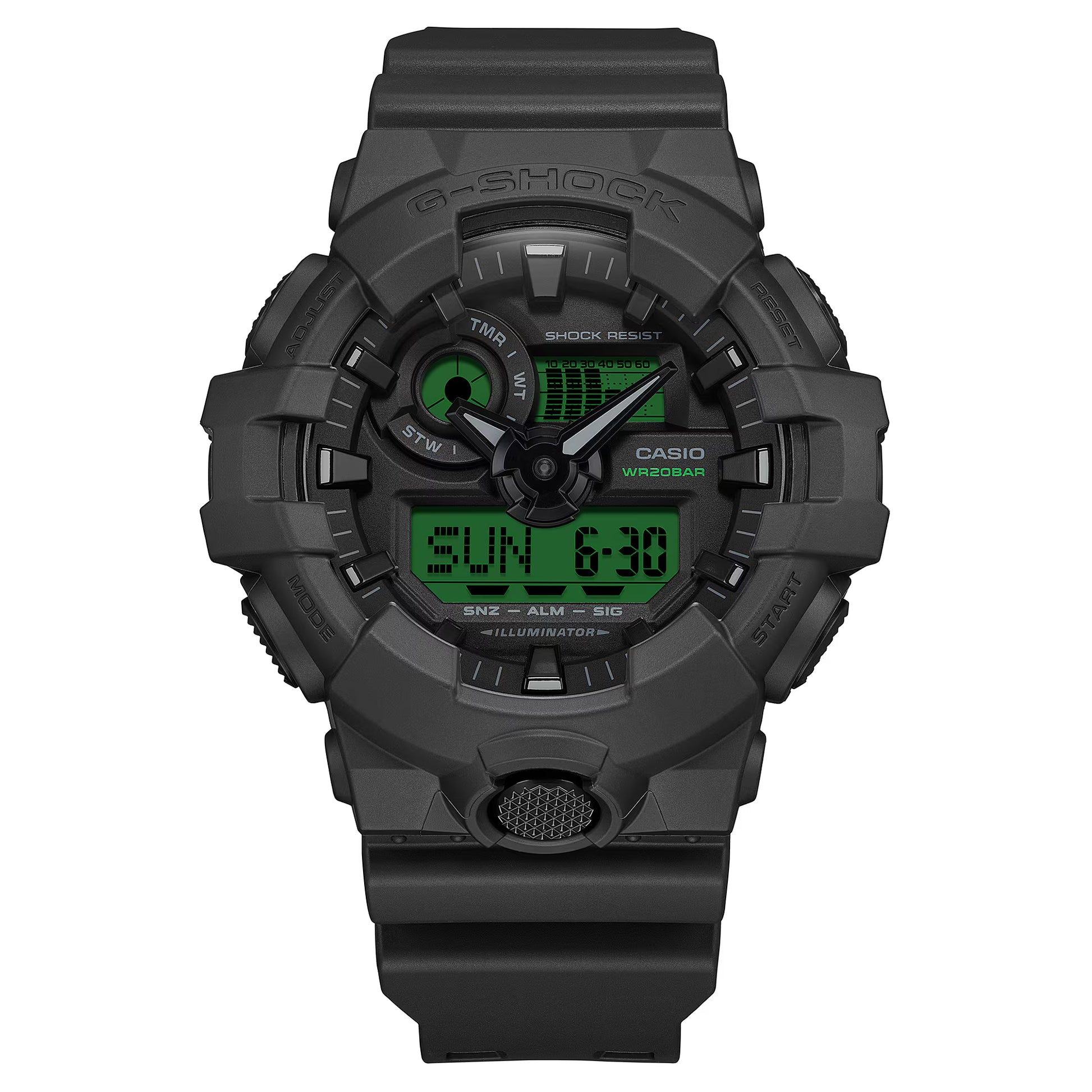 Black Casio G-Shock watch with green digital display on a white background