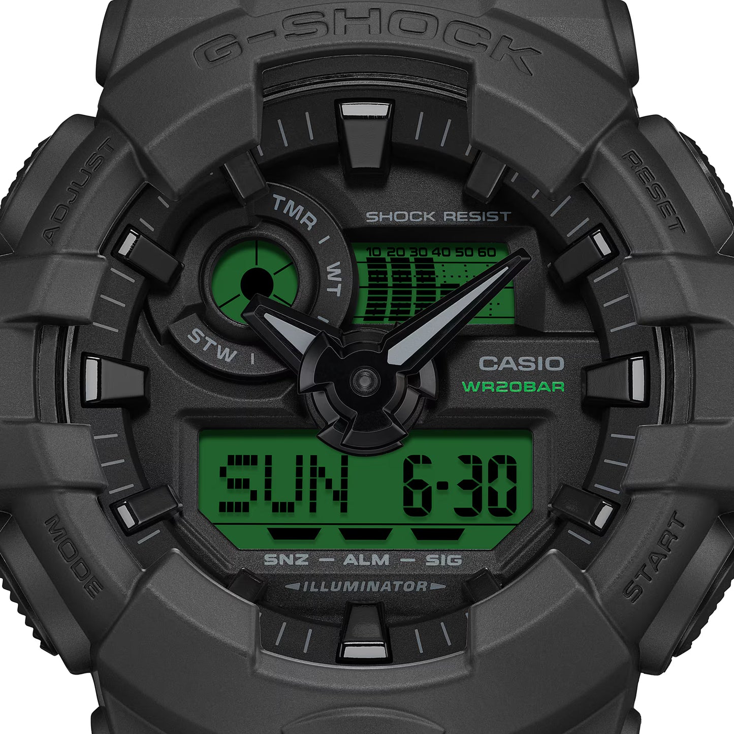 Black Casio G-Shock watch with digital and analog display on a white background
