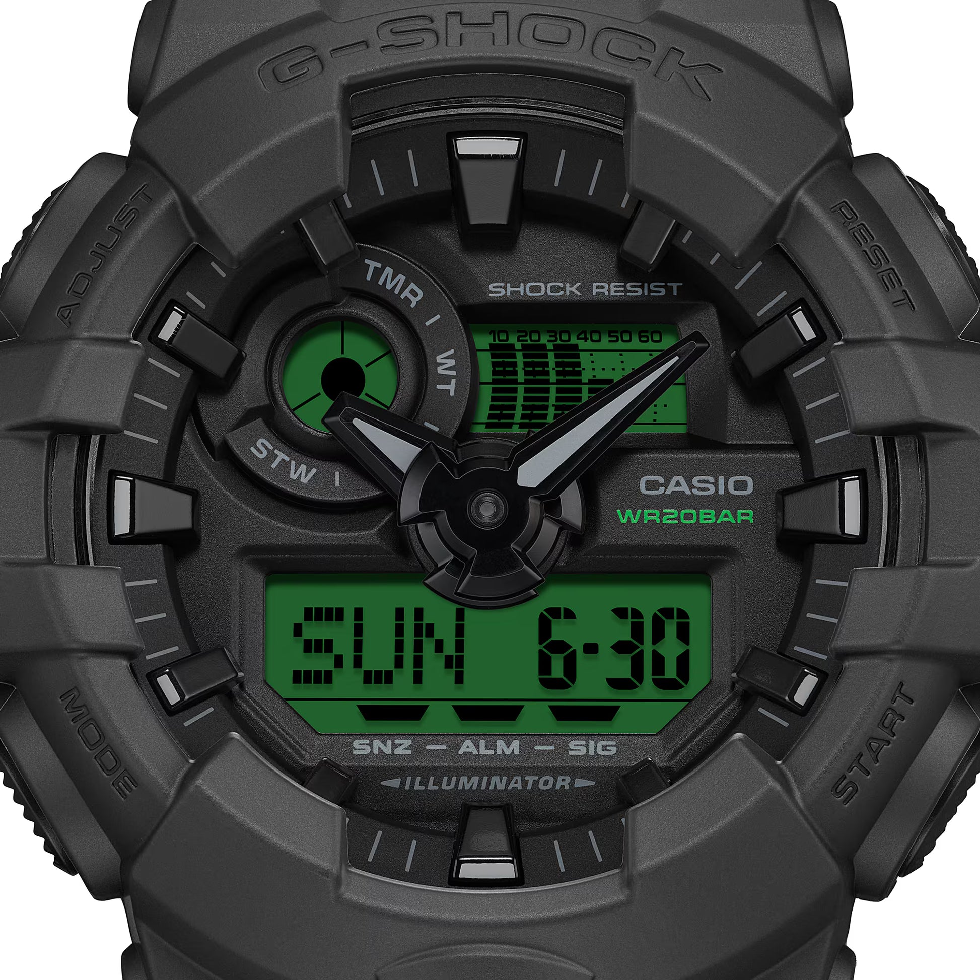Black Casio G-Shock watch with digital and analog display on a white background