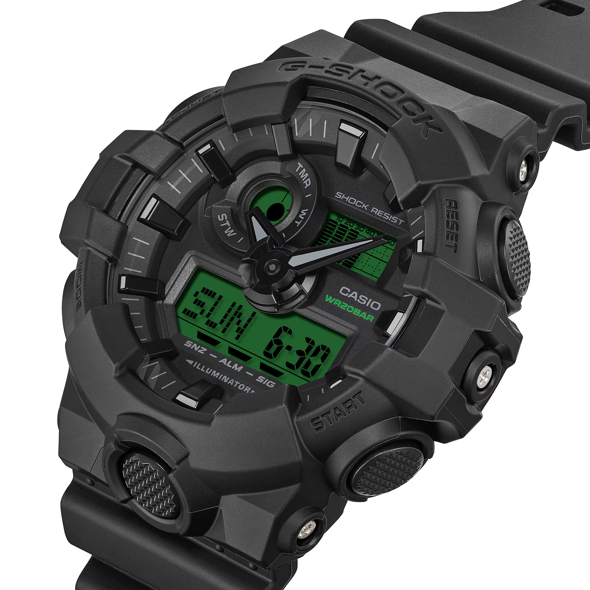 Black Casio G-Shock watch with digital display on a white background