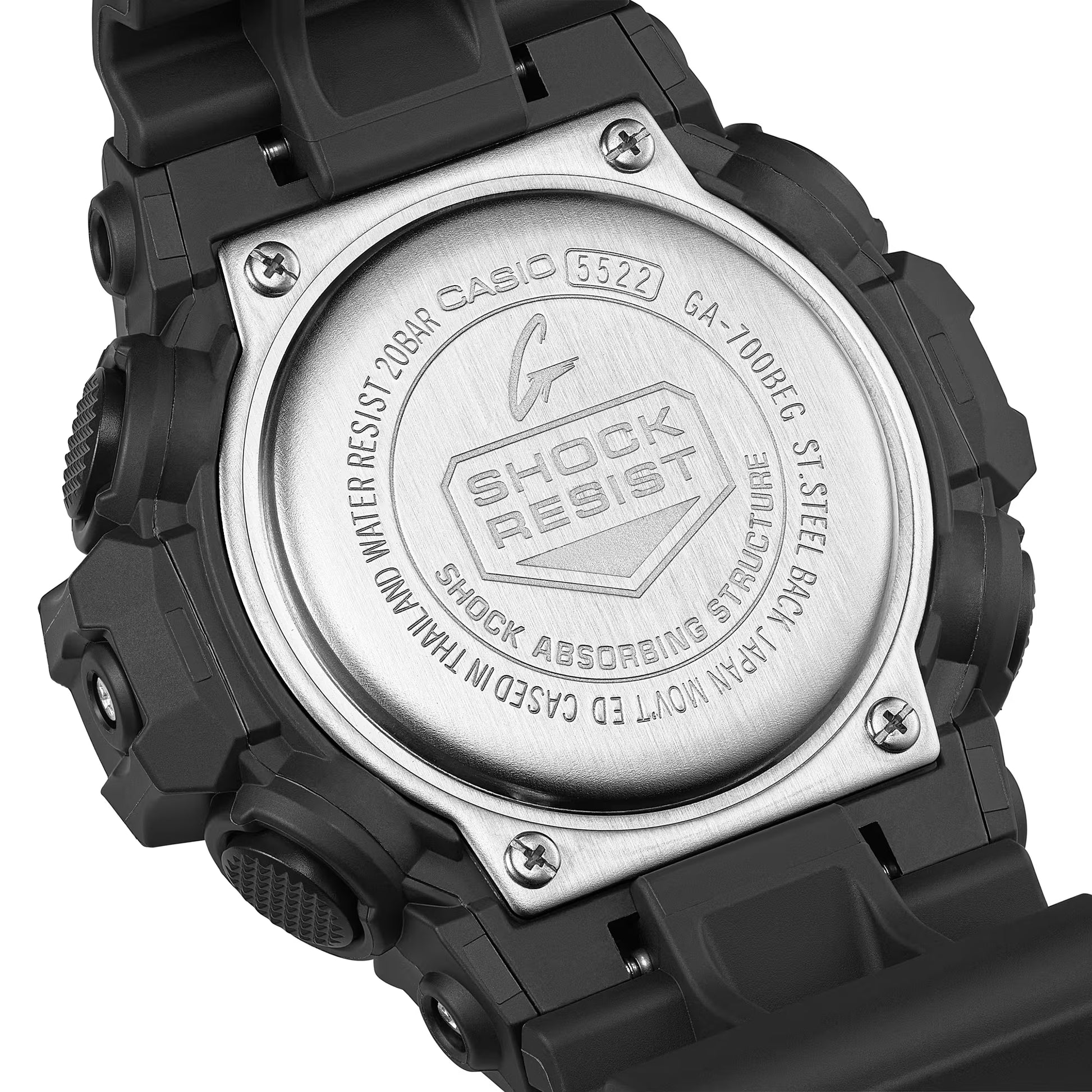 Back view of a Casio G-Shock watch with 'Shock Resistant' text on a white background