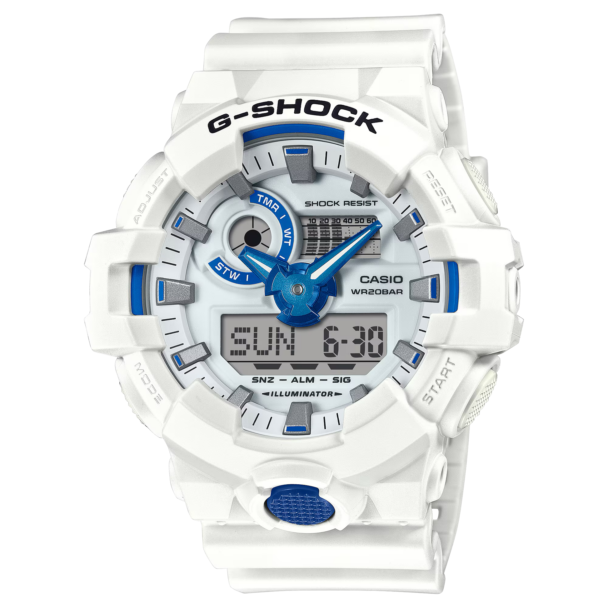 Casio G-SHOCK GA700HDS-7A with oversized white resin case, shimmering blue phosphorescent dial that glows in the dark, shock-resistant build, 200m water resistance, and Super Illuminator LED light.