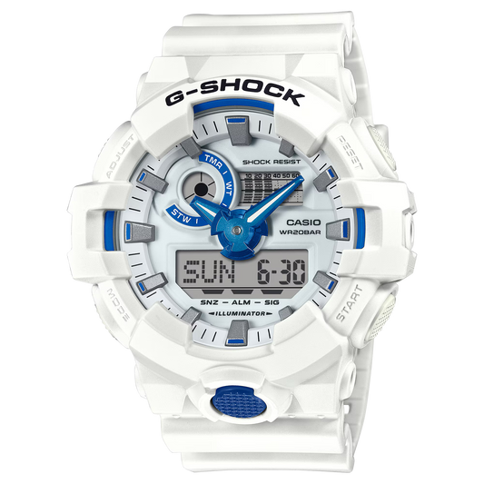 Casio G-SHOCK GA700HDS-7A with oversized white resin case, shimmering blue phosphorescent dial that glows in the dark, shock-resistant build, 200m water resistance, and Super Illuminator LED light.