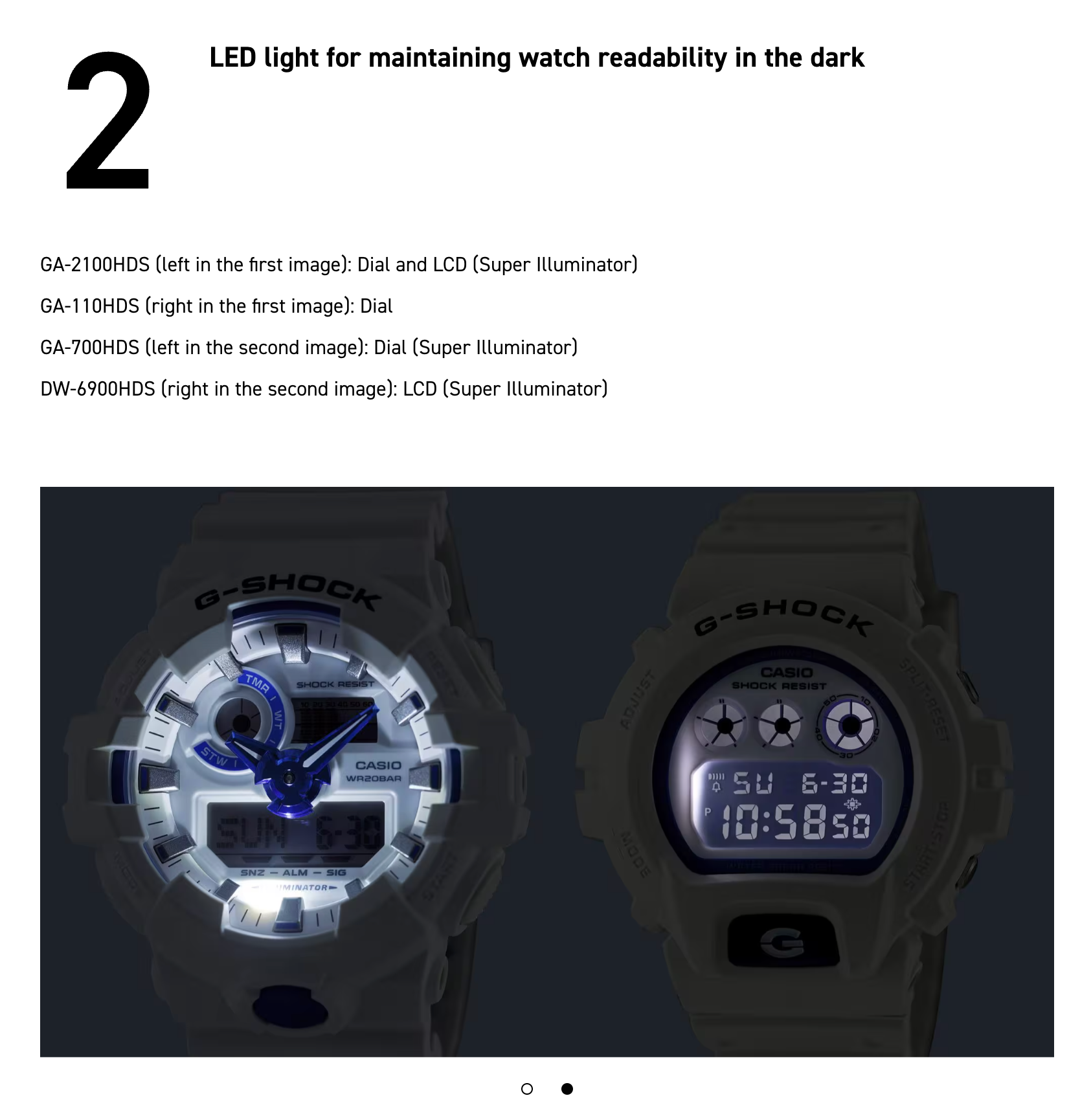 Two Casio G-Shock watches with LED lights on a dark background