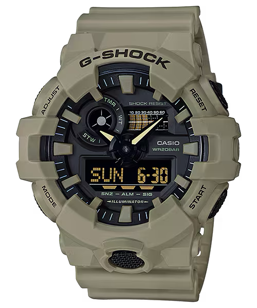 Casio G-SHOCK GA700UC-5A Utility Color Series watch with tan resin case and band, large 3D dial, and analog-digital display.