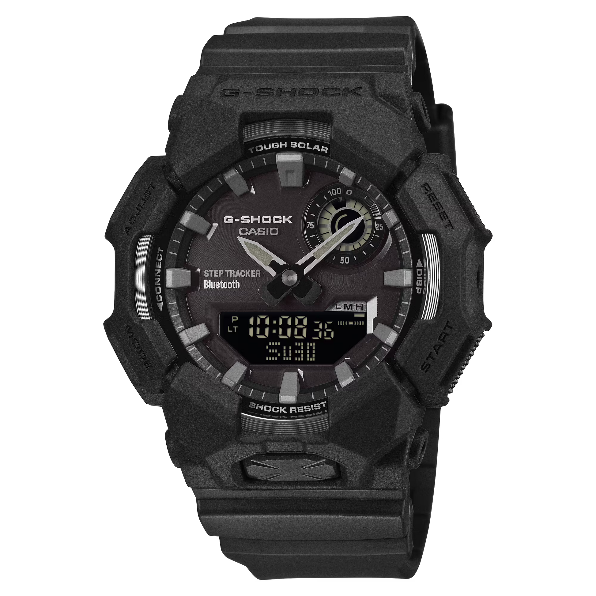 Casio G-SHOCK GA-B010-1A1 analog-digital watch with Tough Solar power, step tracking, Bluetooth smartphone connectivity, bio-based resin band, and bold all-black G-SHOCK design