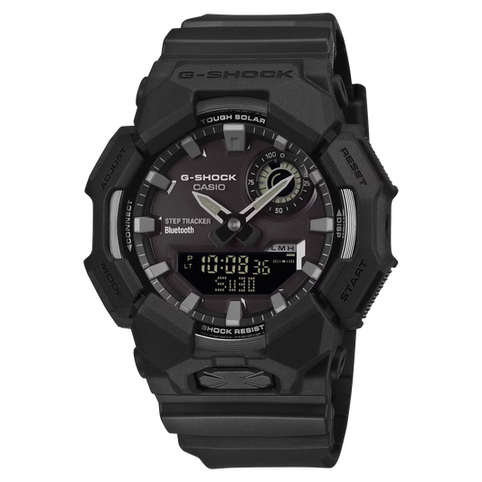 Casio G-SHOCK GA-B010-1A1 analog-digital watch with Tough Solar power, step tracking, Bluetooth smartphone connectivity, bio-based resin band, and bold all-black G-SHOCK design