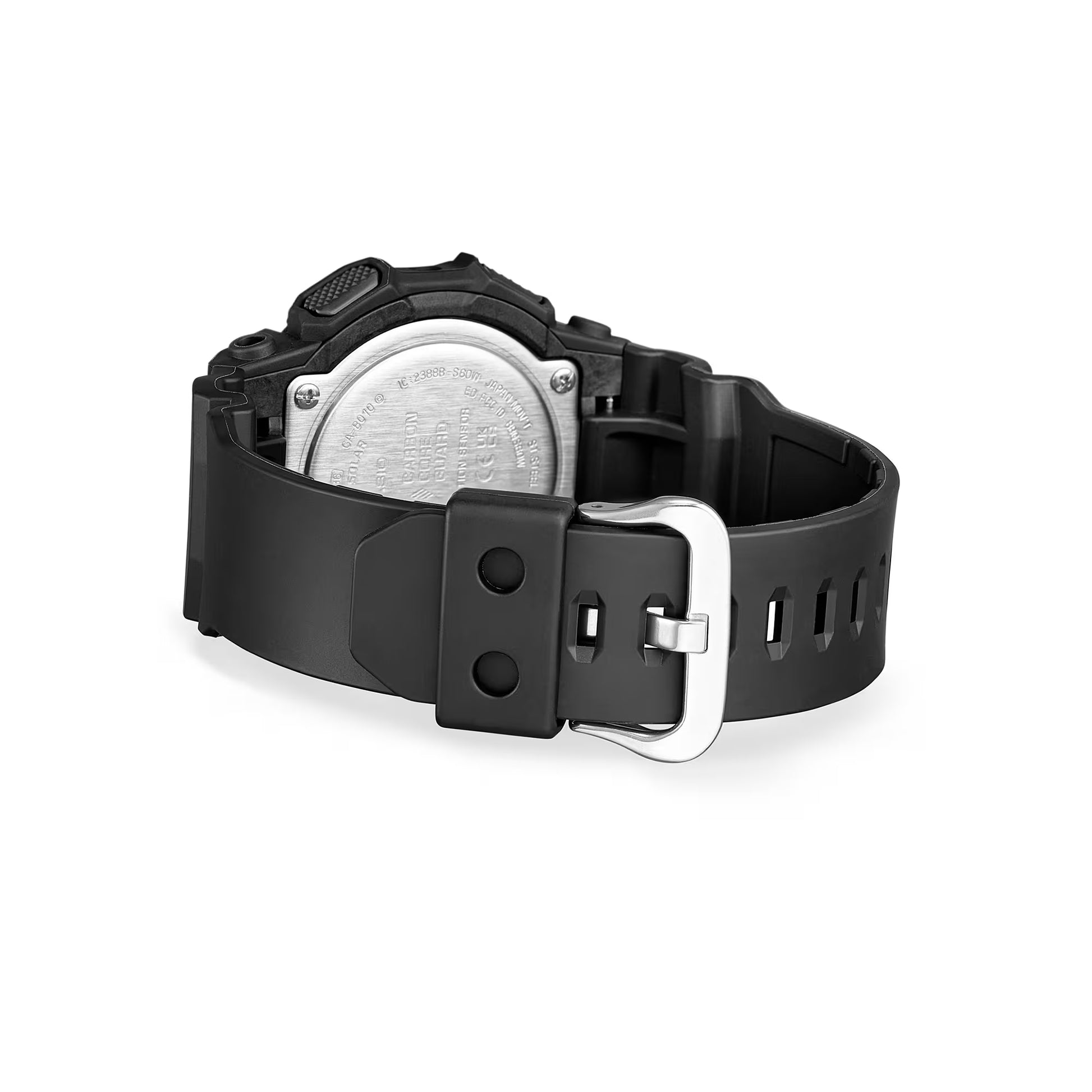 Black watch with a silver buckle on a white background