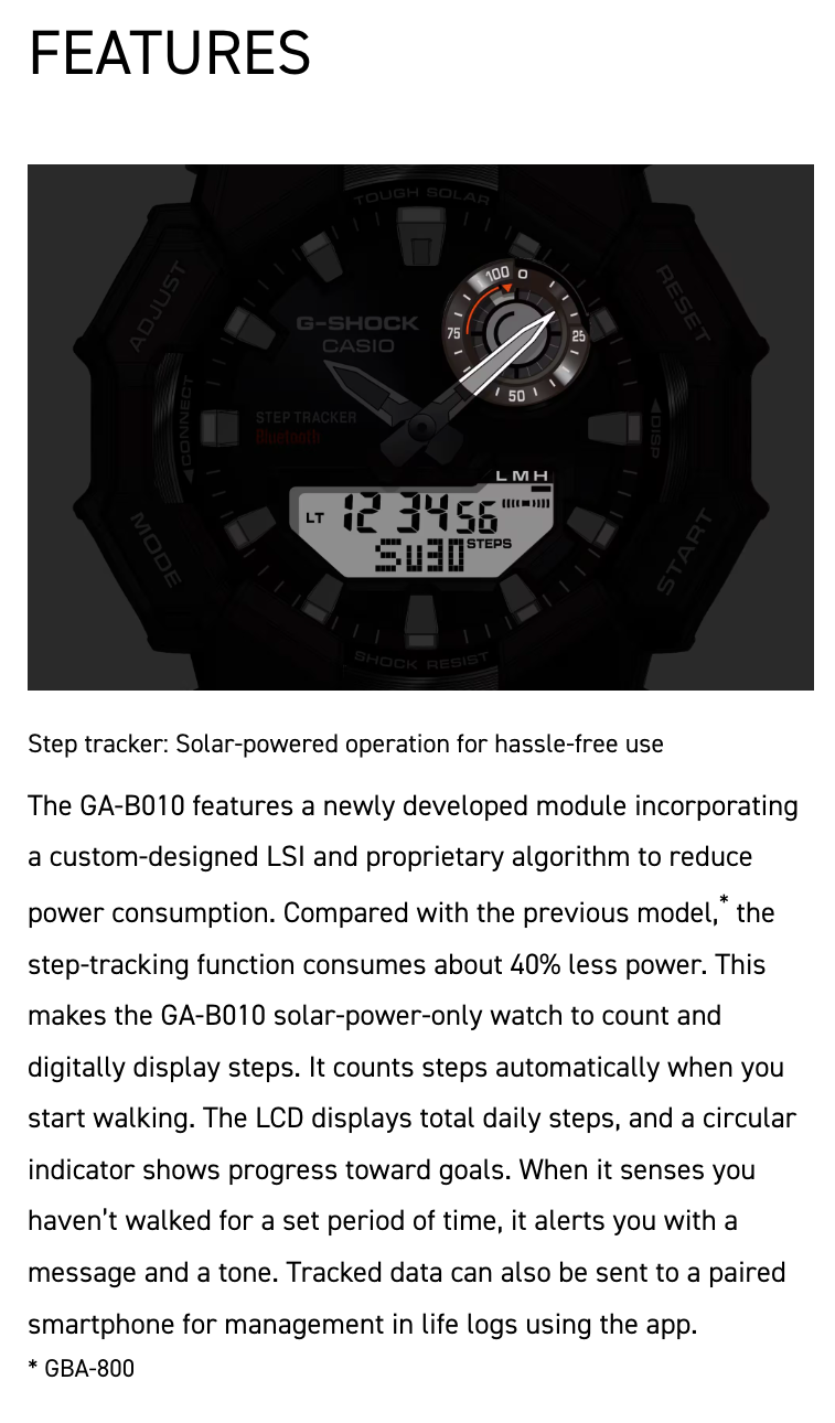 Digital watch with step tracker features and text description on a black background
