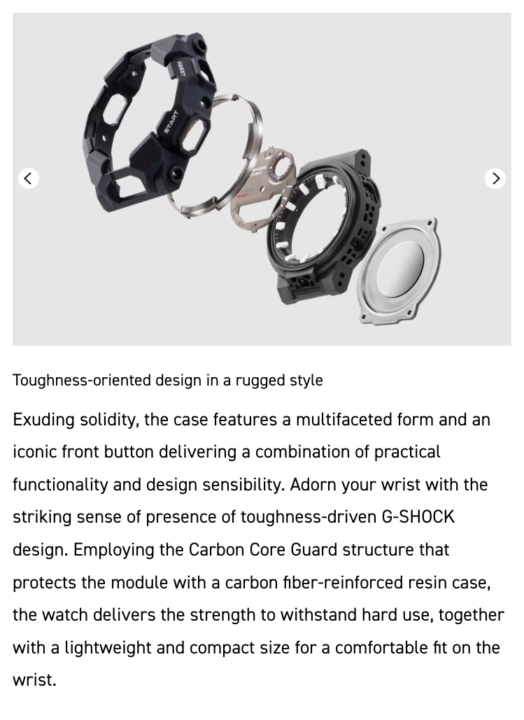 G-SHOCK watch case with text describing its design and features