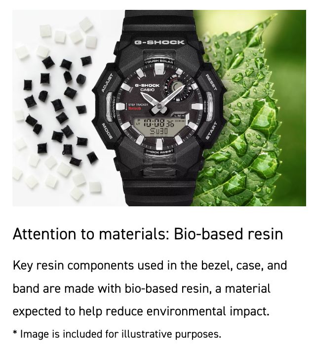 Black Casio G-Shock watch with bio-based resin materials on a white background with green and black elements.