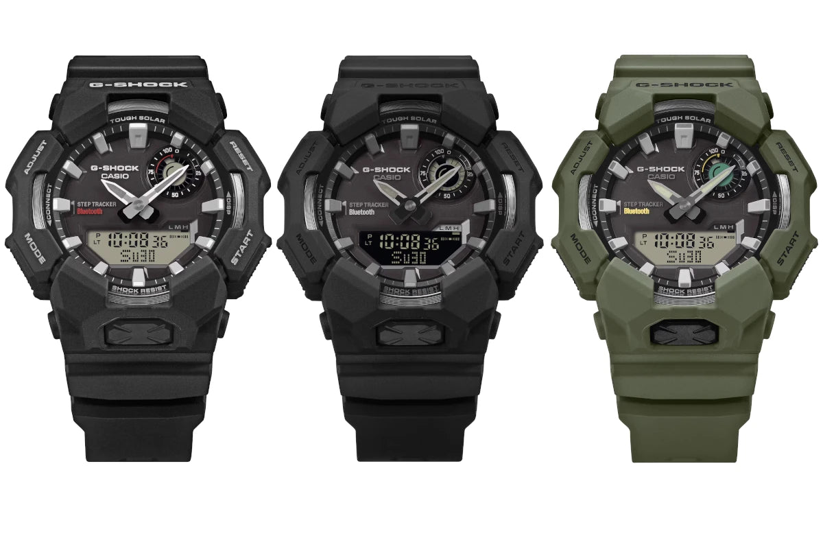 Three G-Shock watches in black and green on a white background
