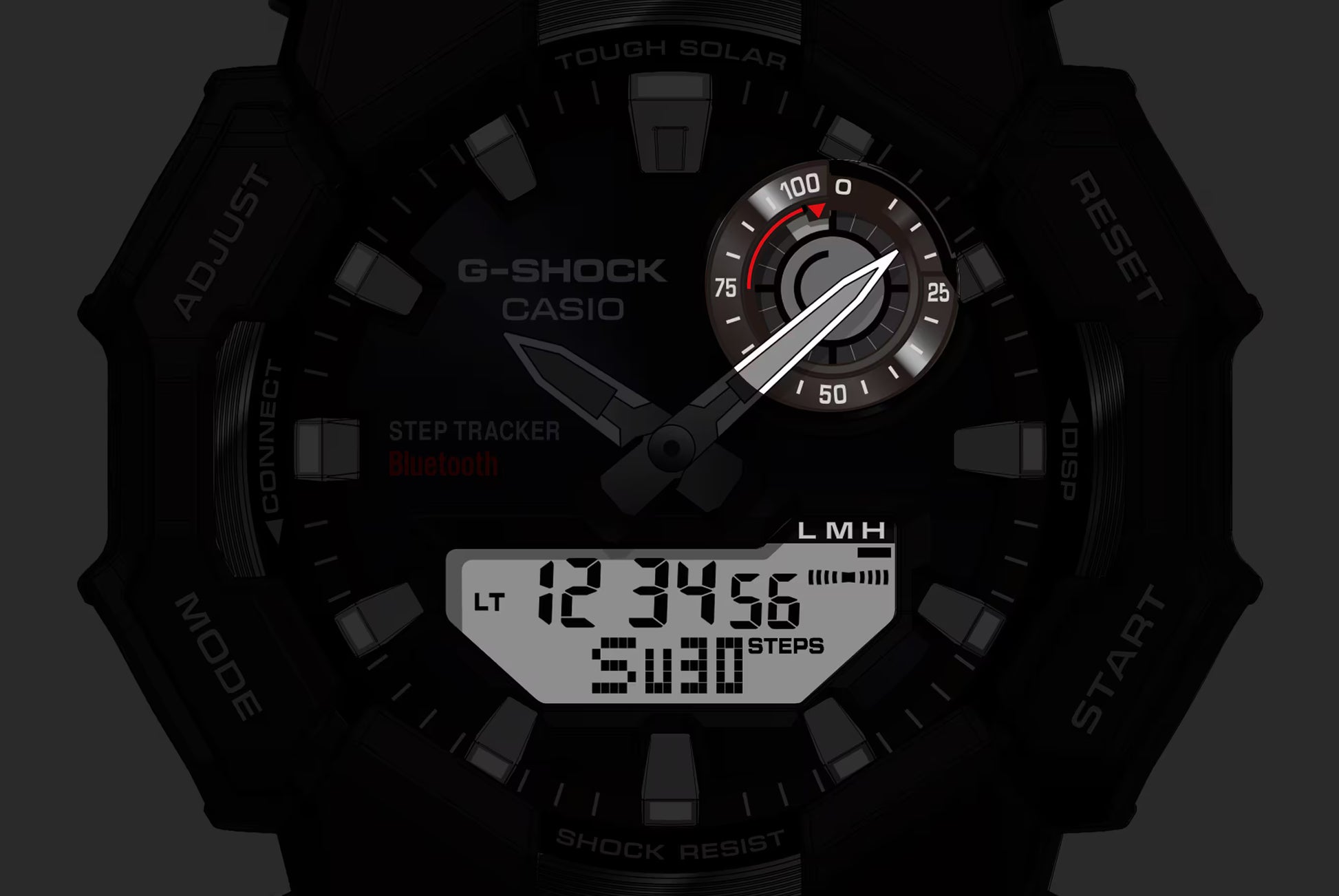 Casio G-Shock watch with digital display on a black background