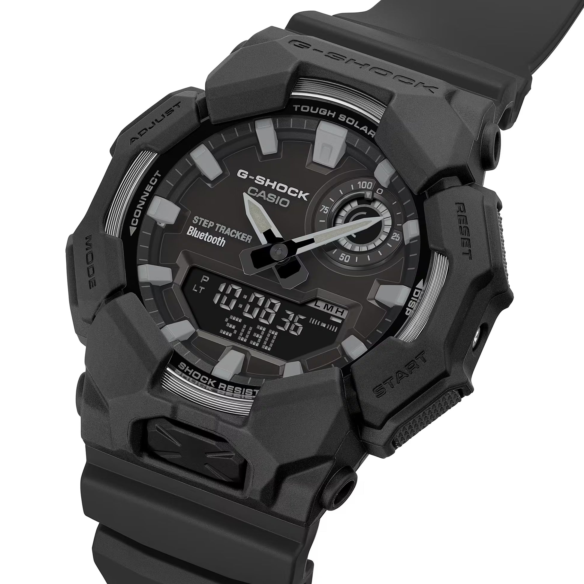 Black Casio G-Shock watch with digital and analog display on a white background