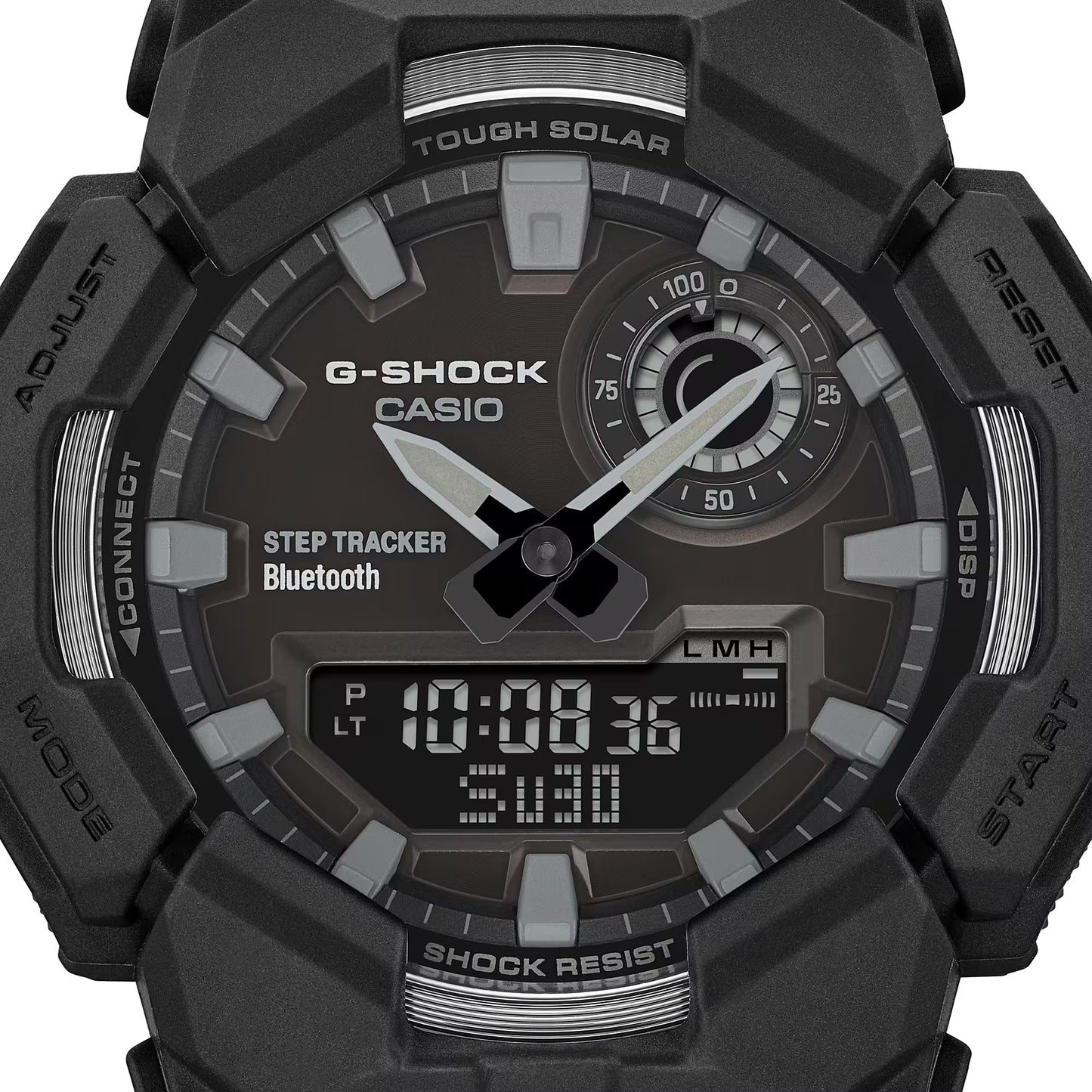 Black Casio G-Shock watch with digital and analog display on a white background