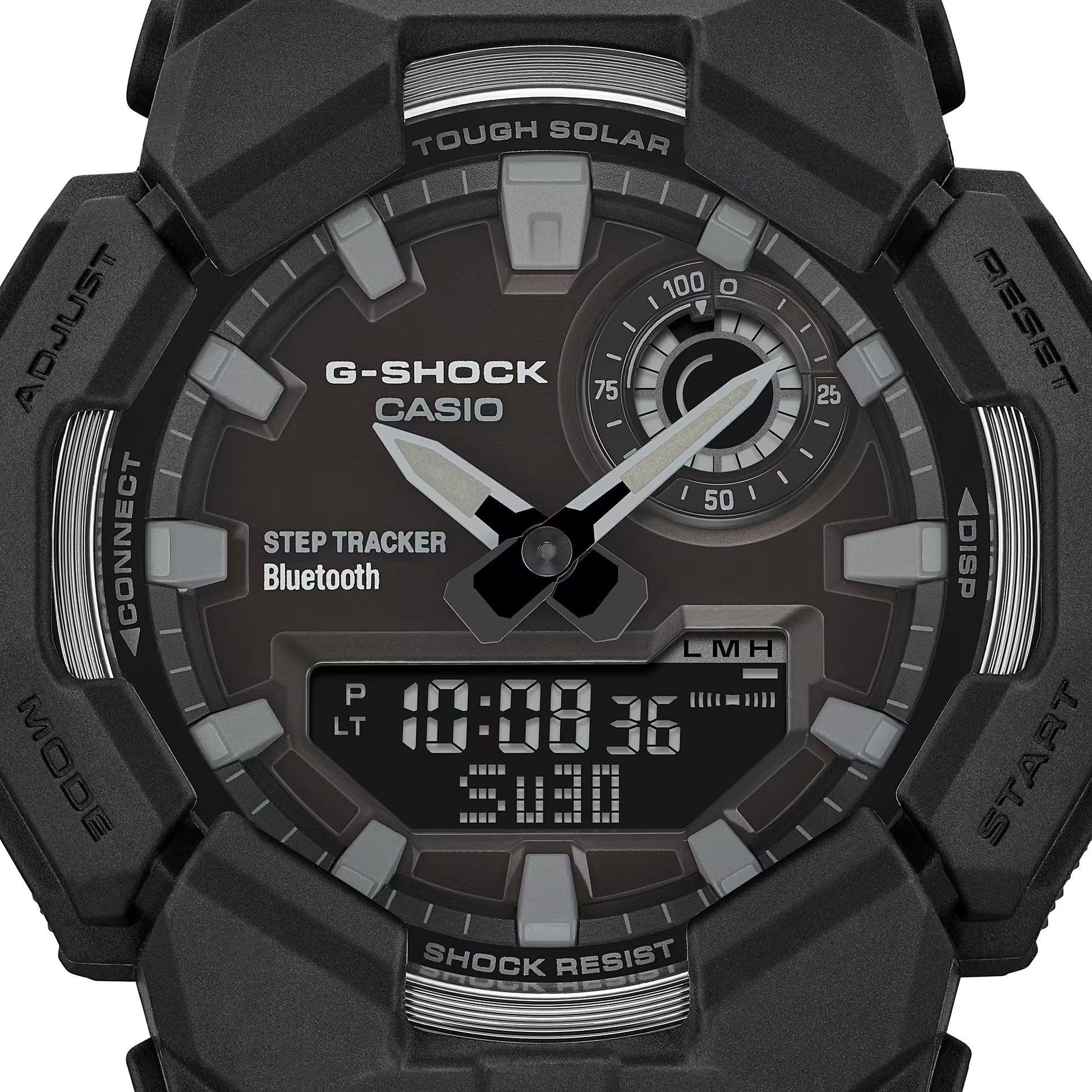 Black Casio G-Shock watch with digital and analog display on a white background