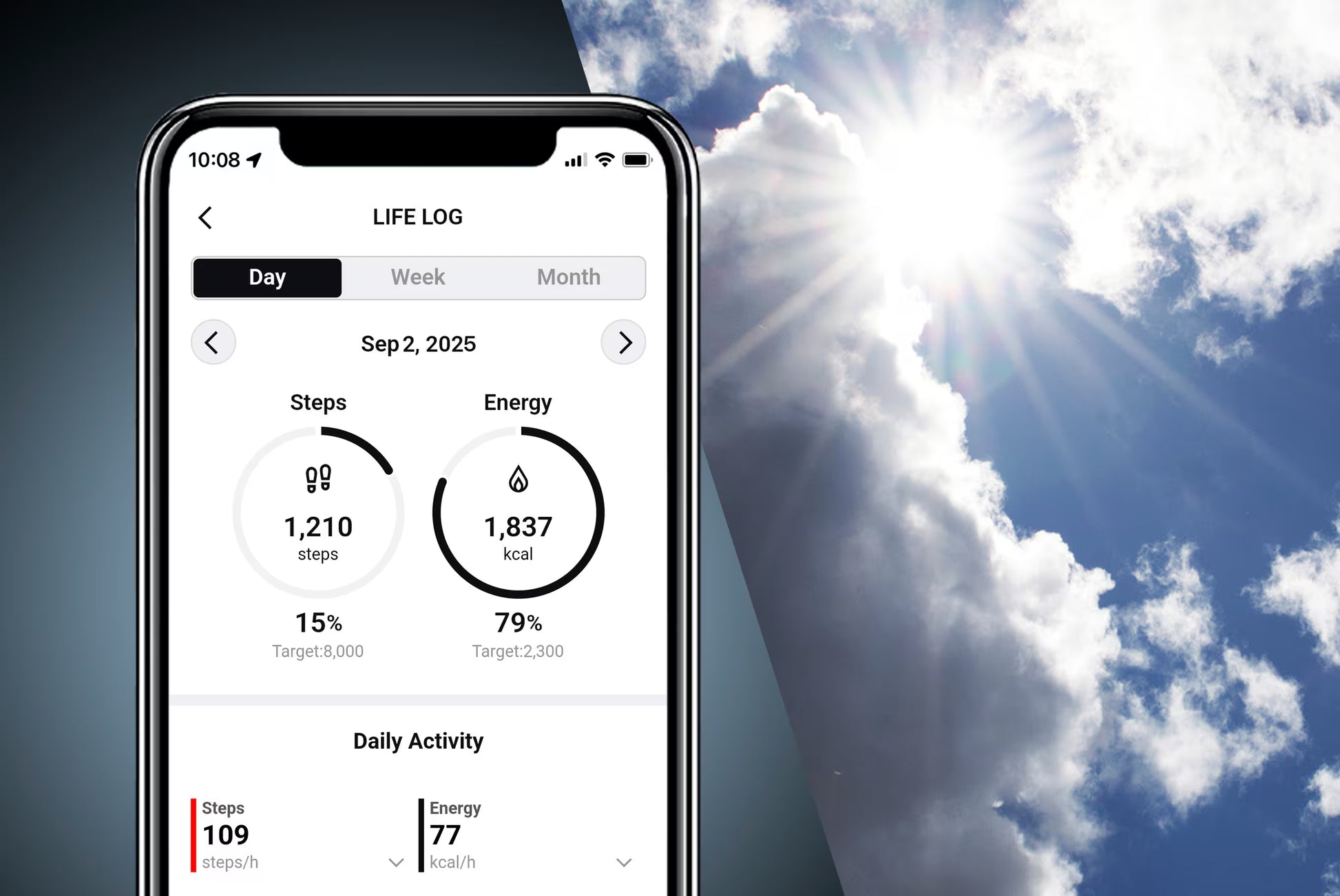 Smartphone displaying a health app with a scenic background of clouds and sun.