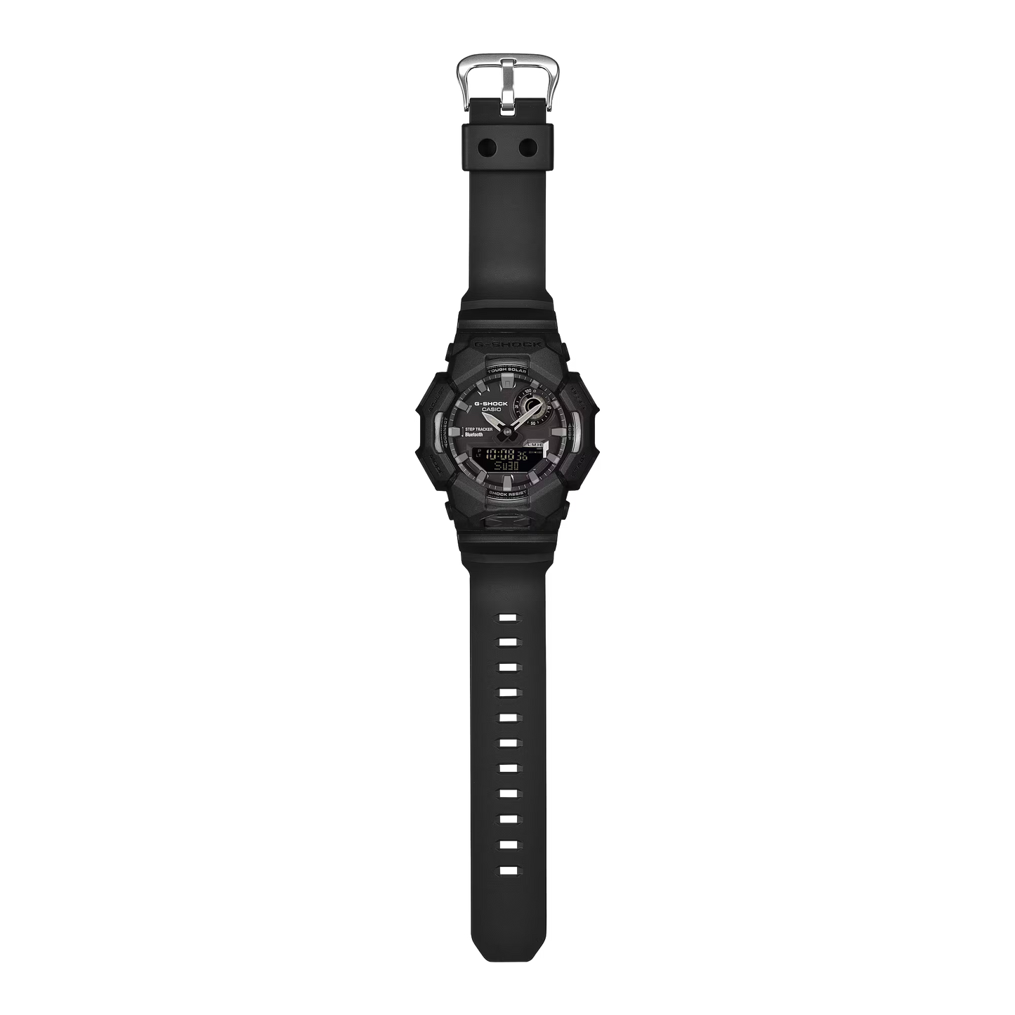 Black wristwatch with a clear strap on a white background