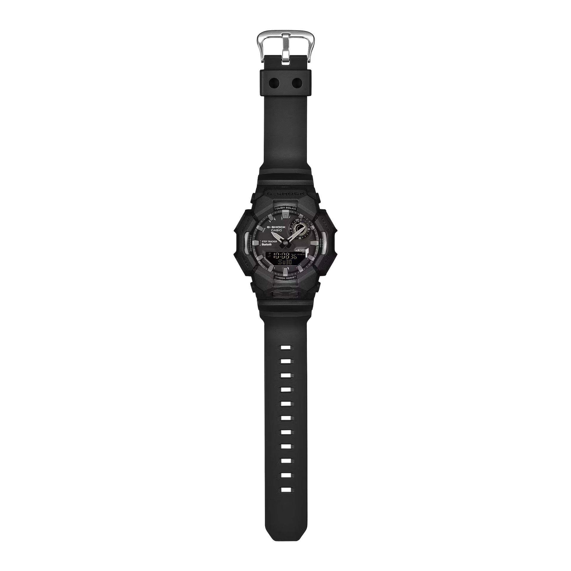 Black wristwatch with a clear strap on a white background