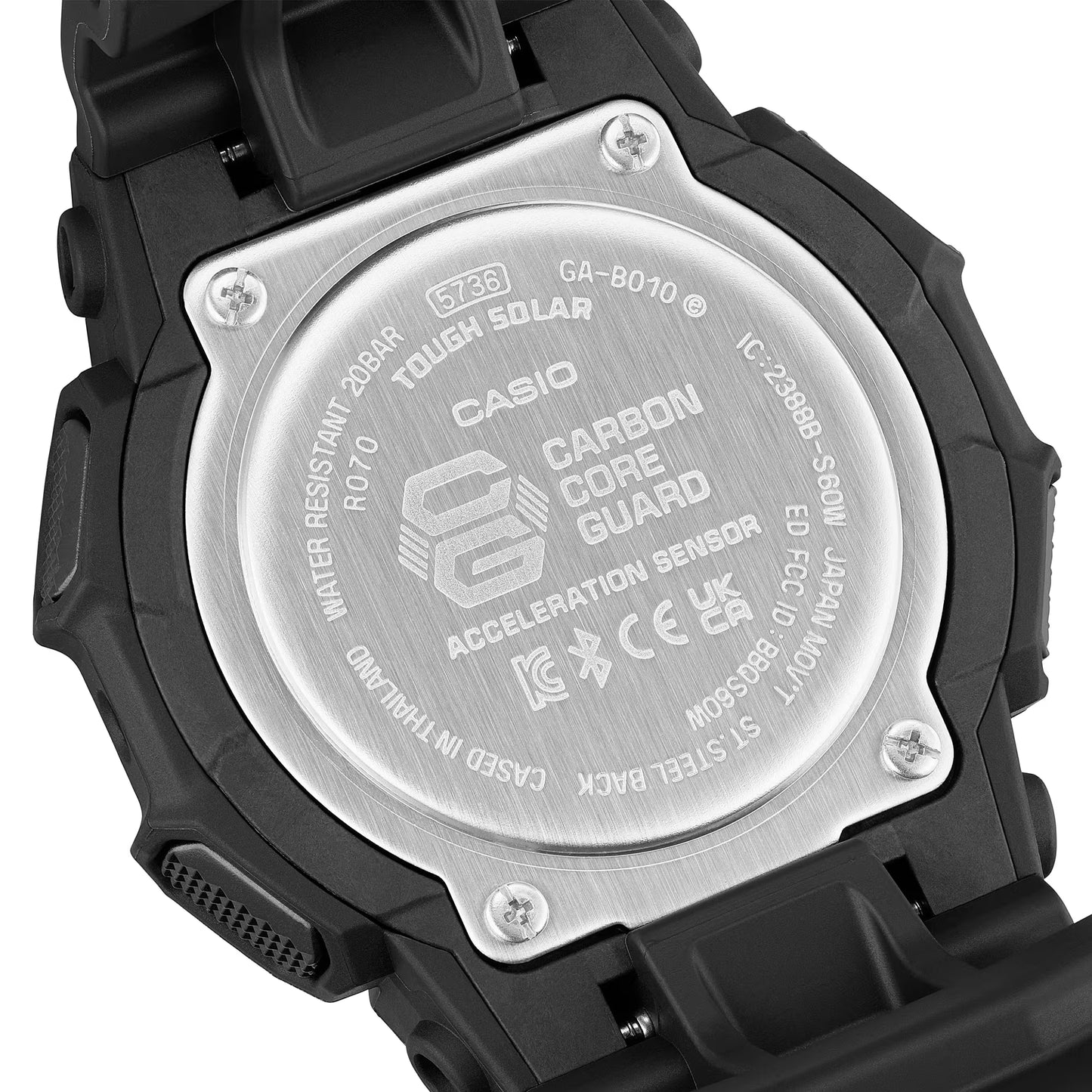 Back view of a Casio watch with branding and technical details.