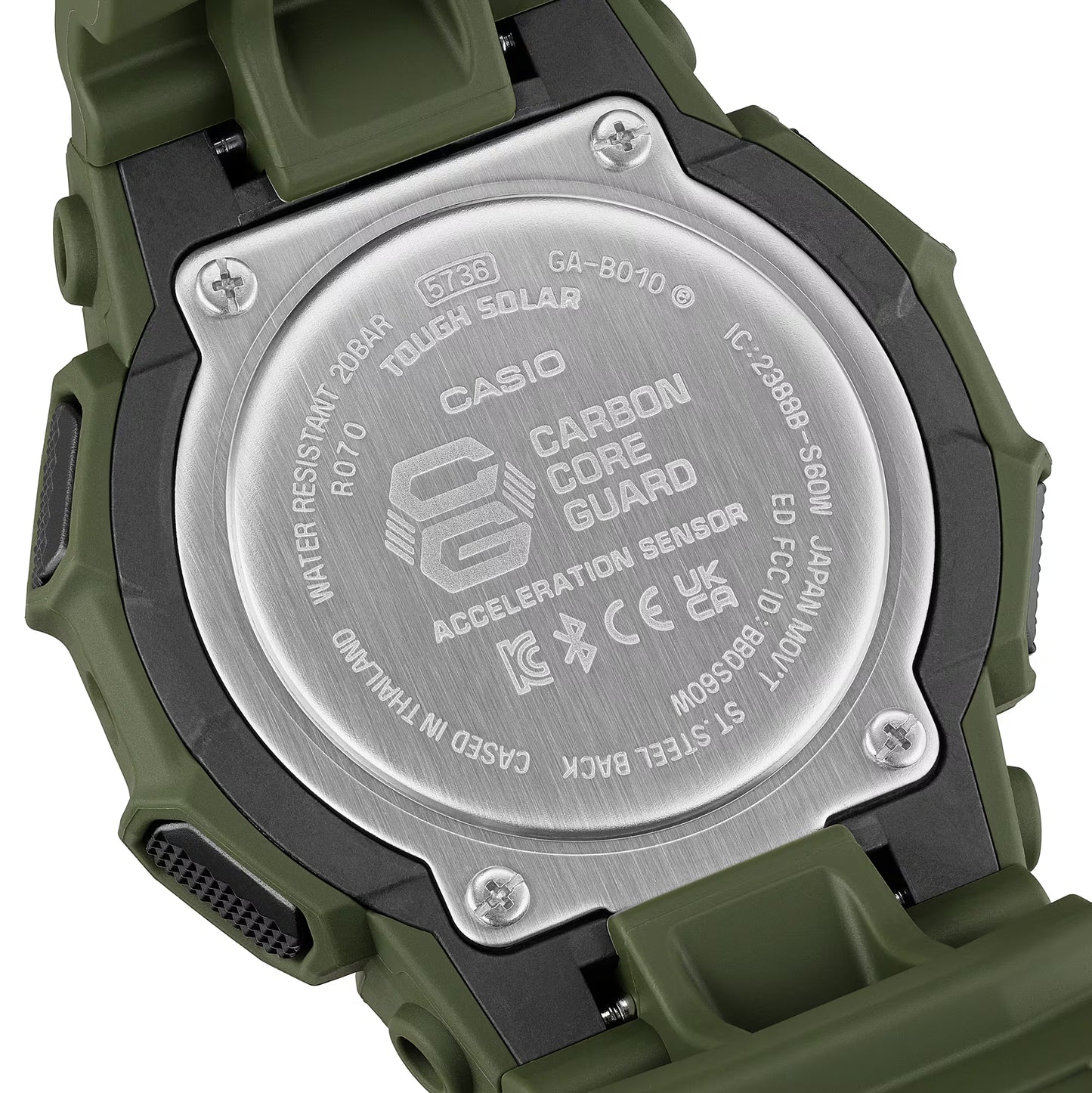 Casio G-SHOCK GA-B010 Series GAB010-3A analog-digital watch with Tough Solar power, step tracking, Bluetooth smartphone connectivity, bio-based resin band, shock resistance, and 200-meter water resistance in a rugged modern design.