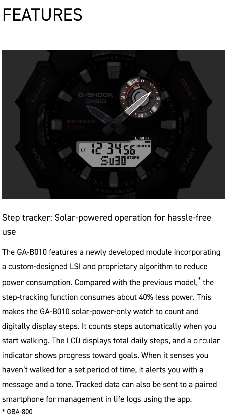 G-SHOCK watch with digital display and step tracker features on a black background