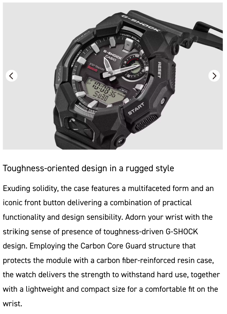 Black G-Shock watch with text describing its features
