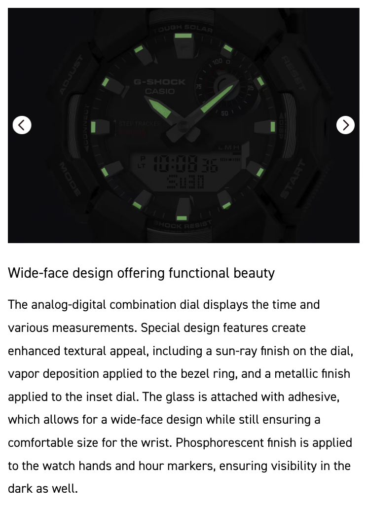 G-Shock Casio watch with text describing its features