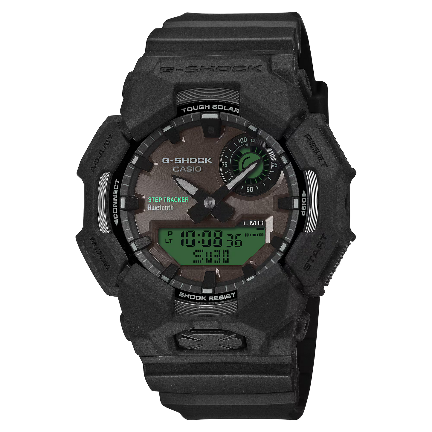 G-SHOCK GAB010BEG-1A GA-B010 Series analog-digital watch with black and electro green design, Tough Solar, Bluetooth Smartphone Link, step counter, bio-based resin band, and 200m water resistance.