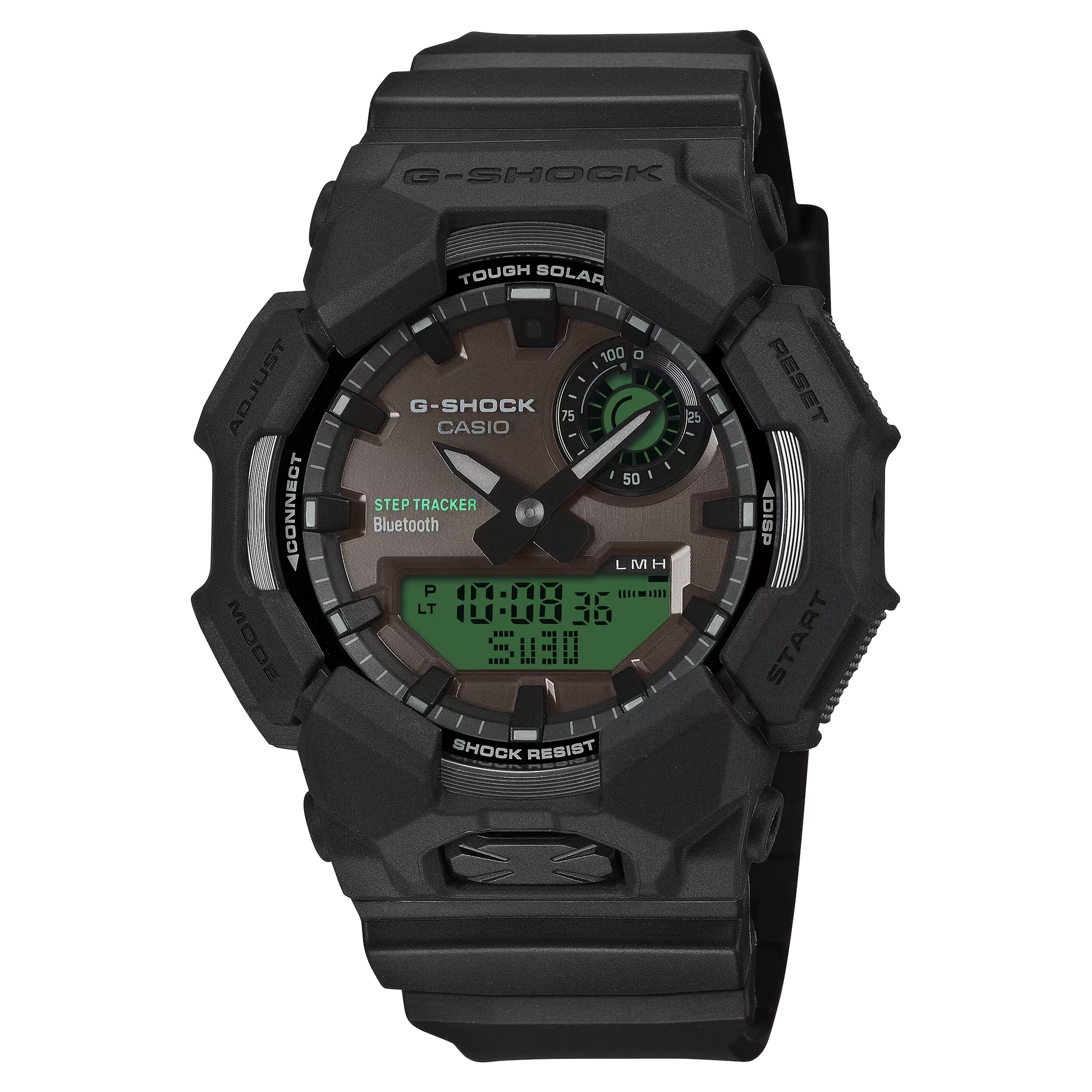 G-SHOCK GAB010BEG-1A GA-B010 Series analog-digital watch with black and electro green design, Tough Solar, Bluetooth Smartphone Link, step counter, bio-based resin band, and 200m water resistance.