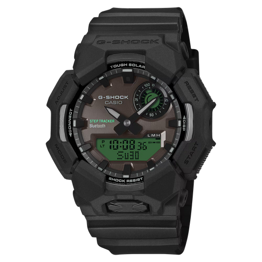 G-SHOCK GAB010BEG-1A GA-B010 Series analog-digital watch with black and electro green design, Tough Solar, Bluetooth Smartphone Link, step counter, bio-based resin band, and 200m water resistance.