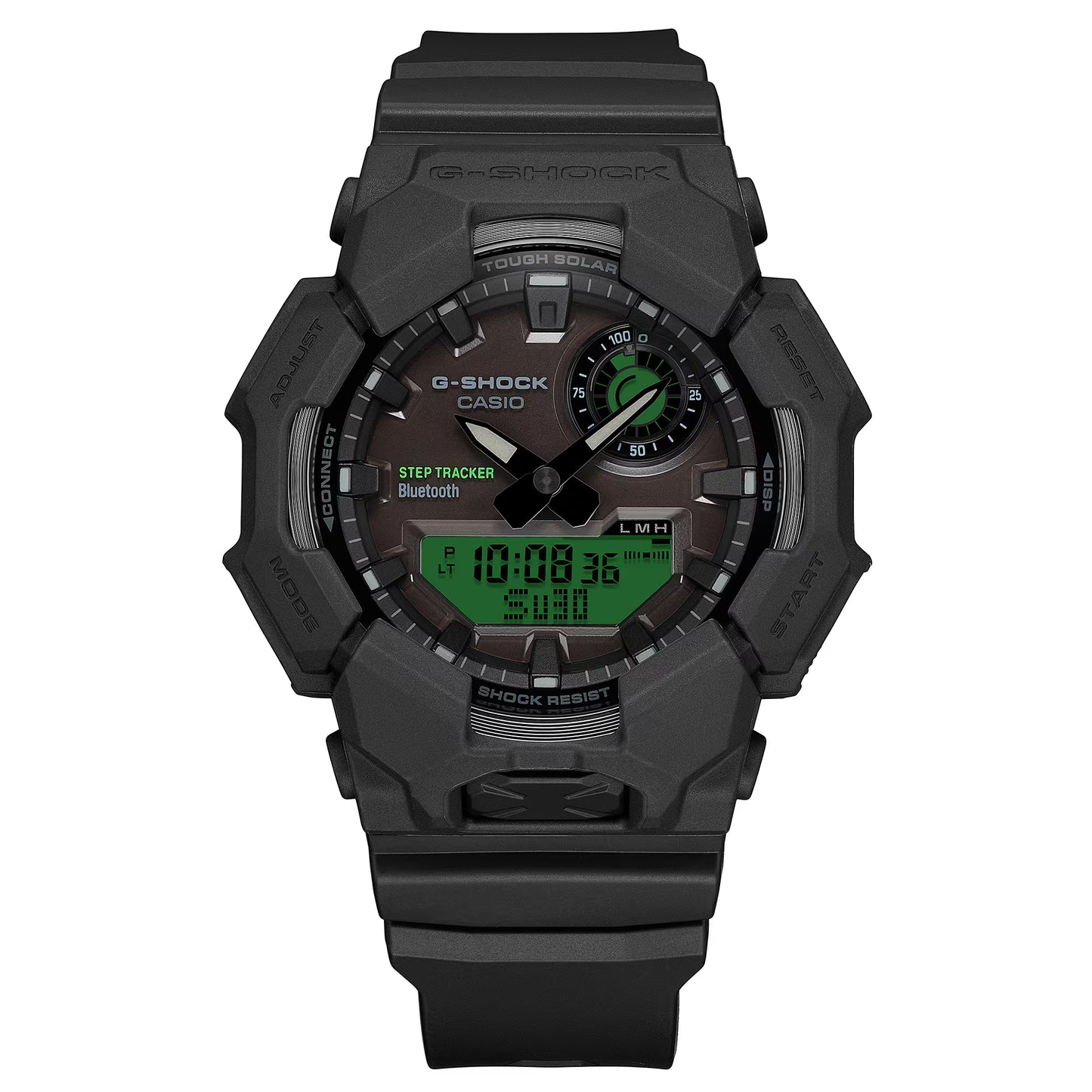 Black Casio G-Shock watch with digital and analog display on a white background