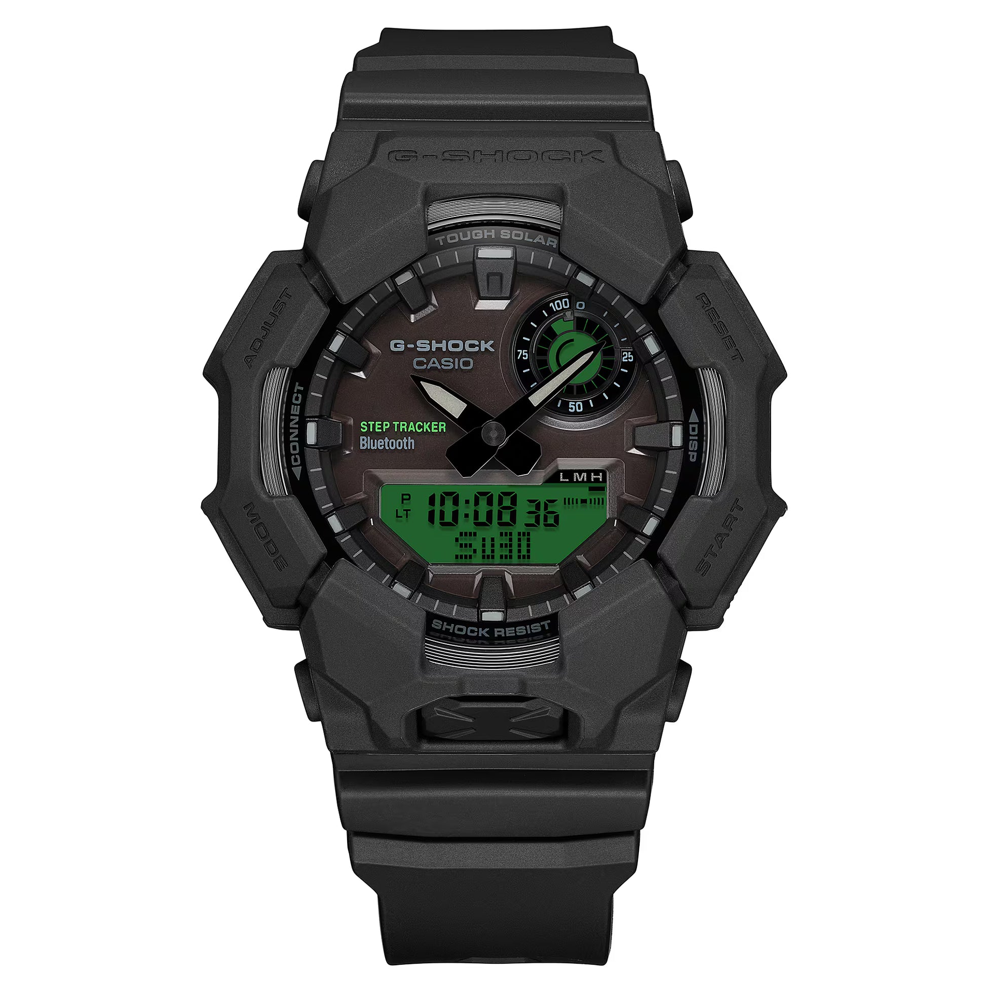 Black Casio G-Shock watch with digital and analog display on a white background