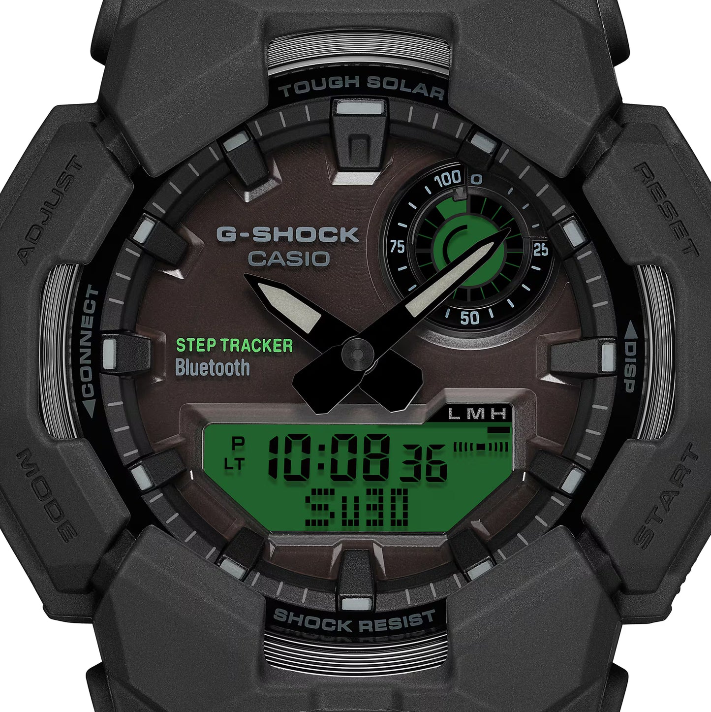 G-Shock Casio watch with step tracker and Bluetooth features on a white background