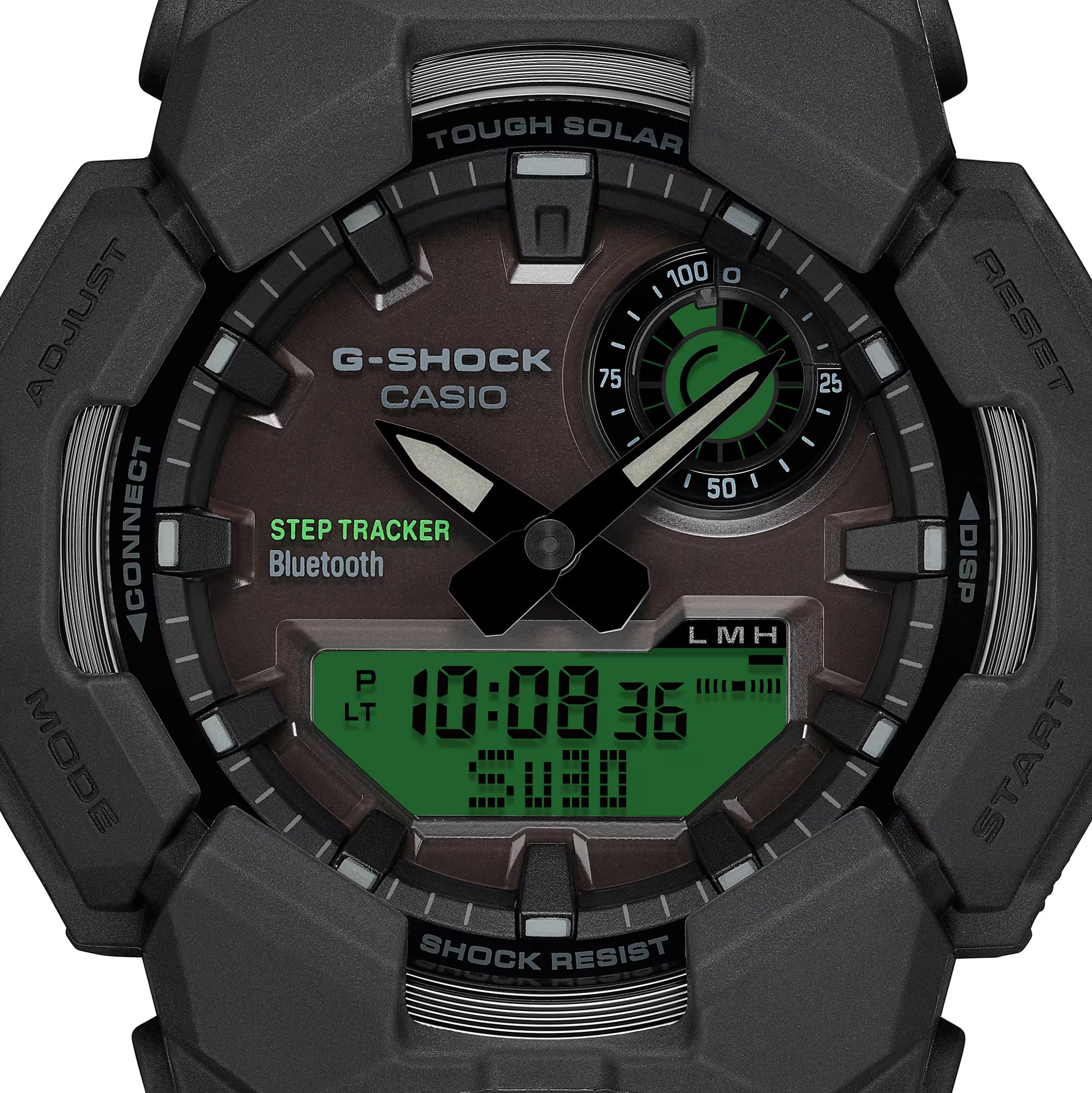 G-Shock Casio watch with step tracker and Bluetooth features on a white background