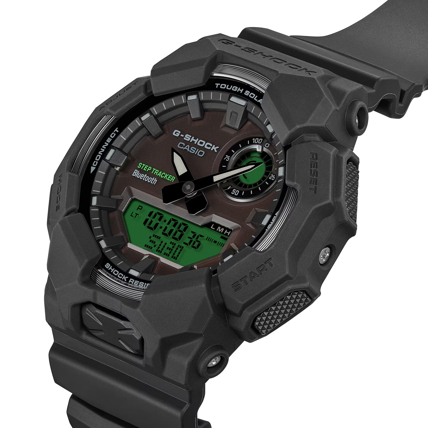 Black Casio G-Shock watch with digital display on a white background