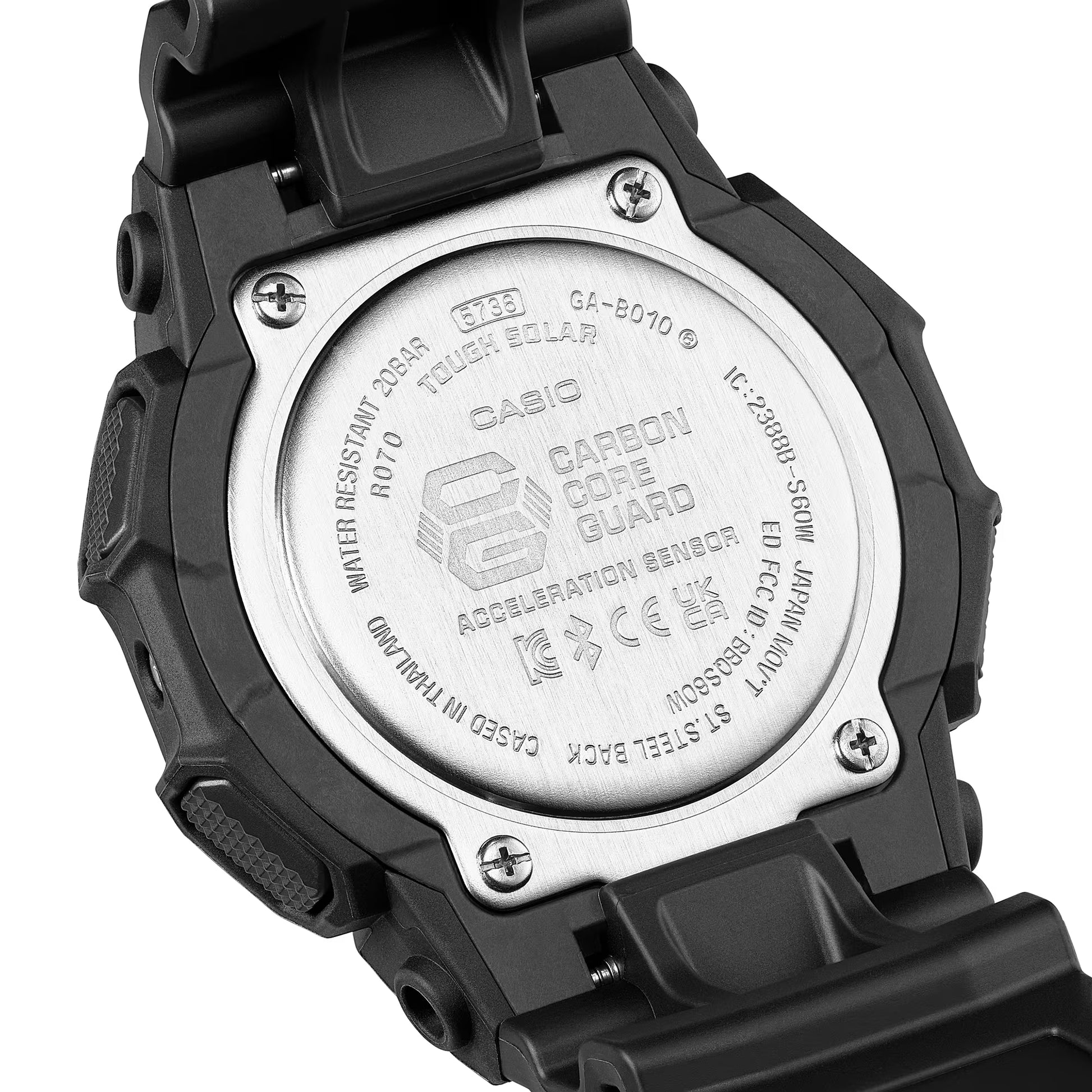 Back view of a Casio watch with branding and technical details on a white background