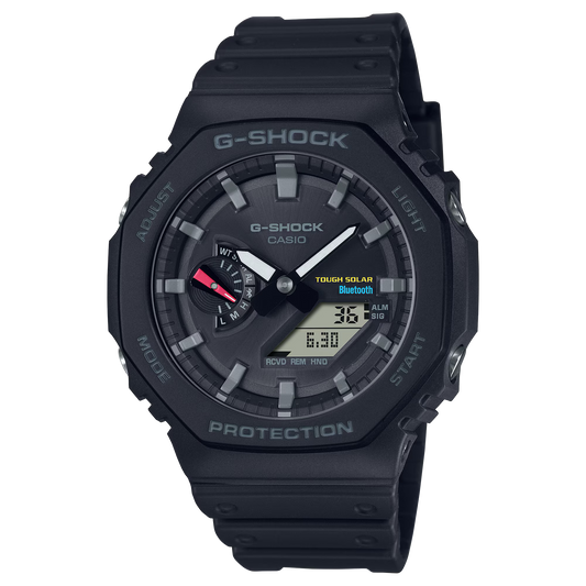 Casio G-SHOCK GAB2100-1A – black octagonal 2100 Series watch with carbon core guard, resin band, Tough Solar power, Bluetooth connectivity, and 200m water resistance.
