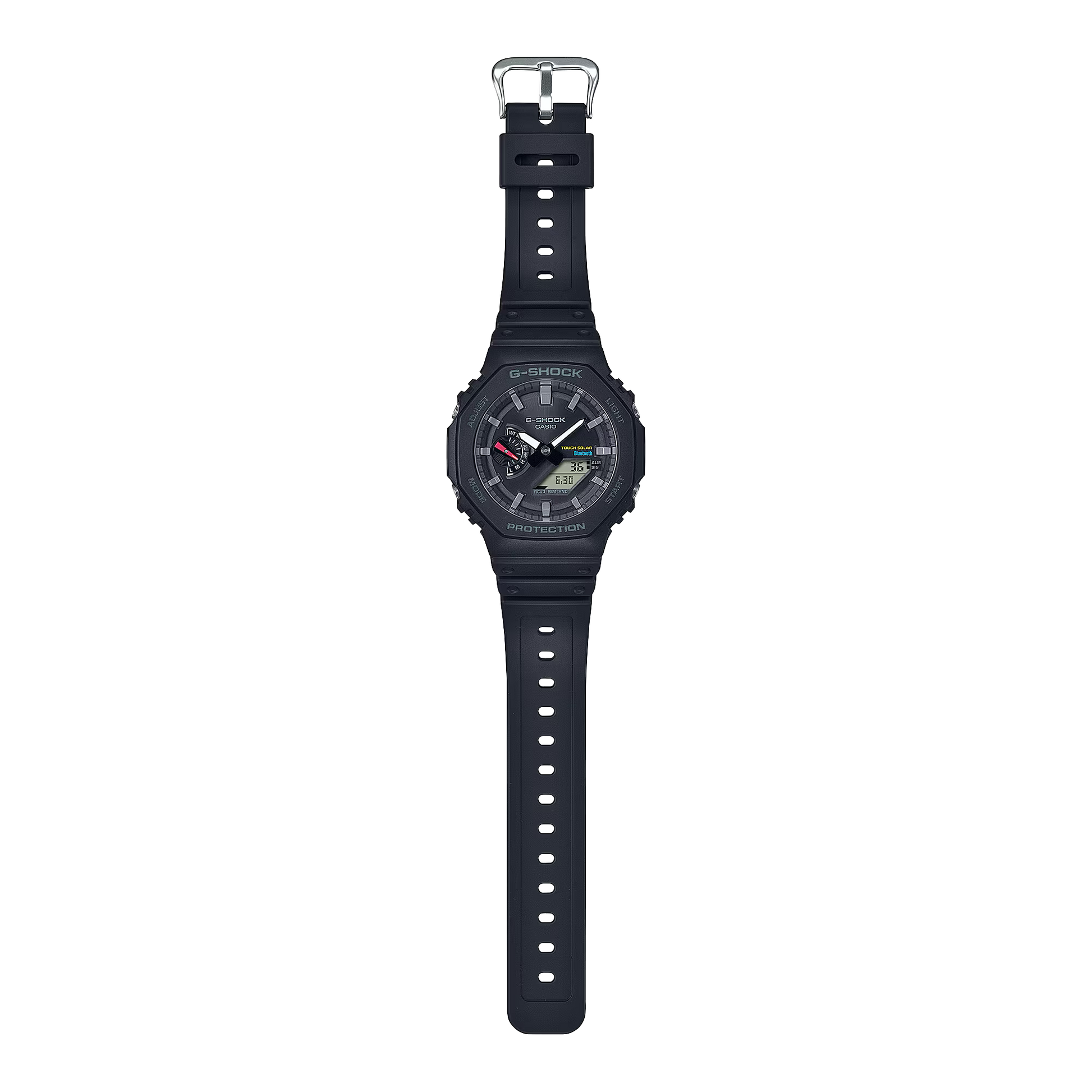 Black Casio watch with digital display on a white background