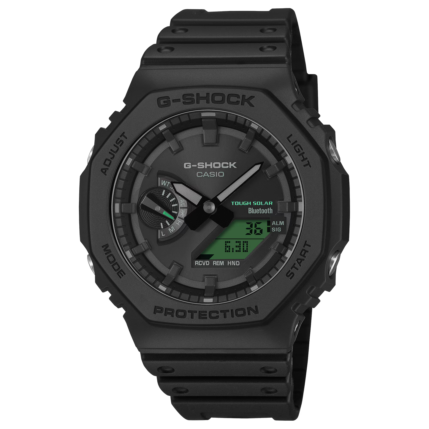 G-SHOCK GAB2100BEG-1A 2100 Series analog-digital watch with black and electro green design, Carbon Core Guard structure, Tough Solar, Bluetooth Smartphone Link, bio-based resin band, and 200m water resistance.