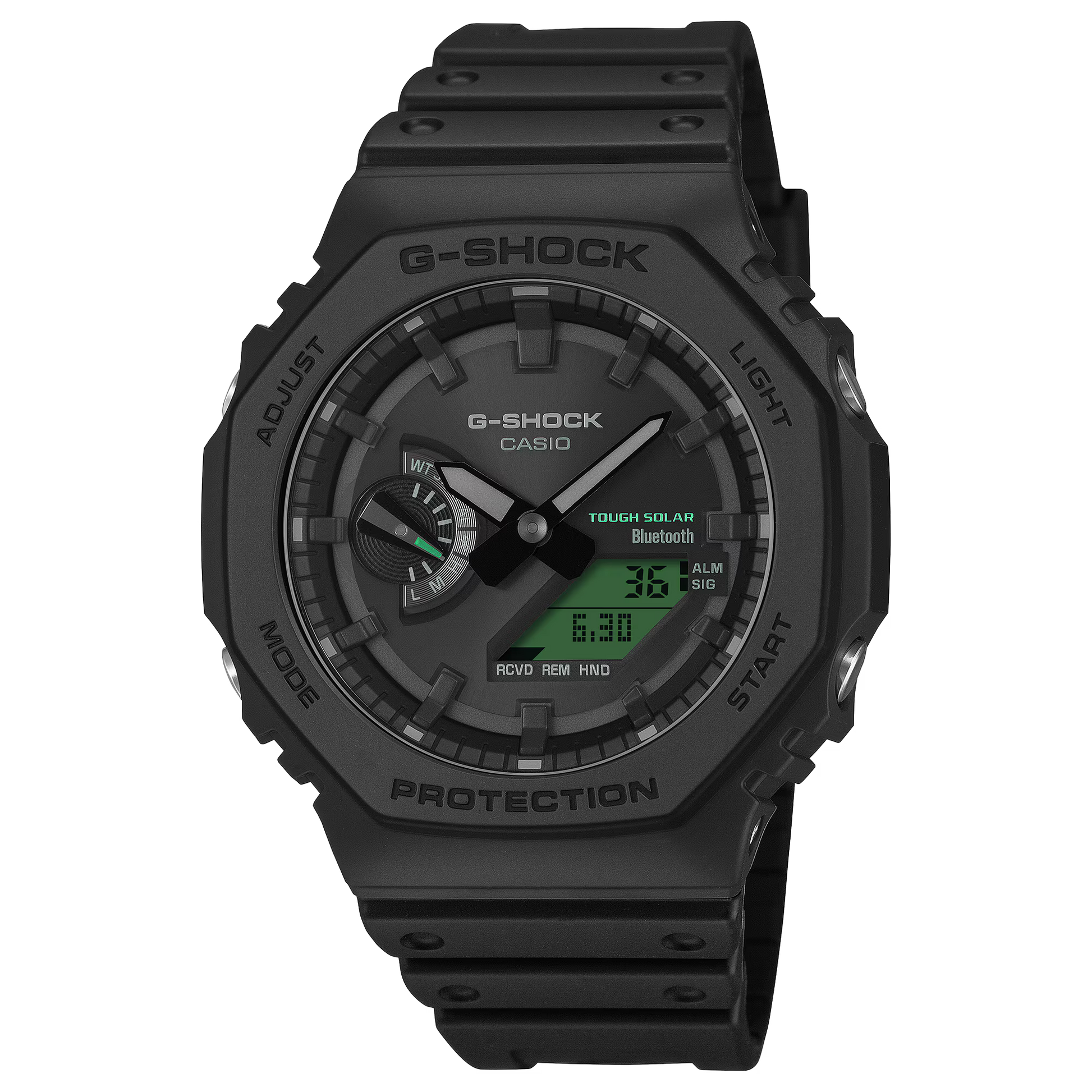 G-SHOCK GAB2100BEG-1A 2100 Series analog-digital watch with black and electro green design, Carbon Core Guard structure, Tough Solar, Bluetooth Smartphone Link, bio-based resin band, and 200m water resistance.