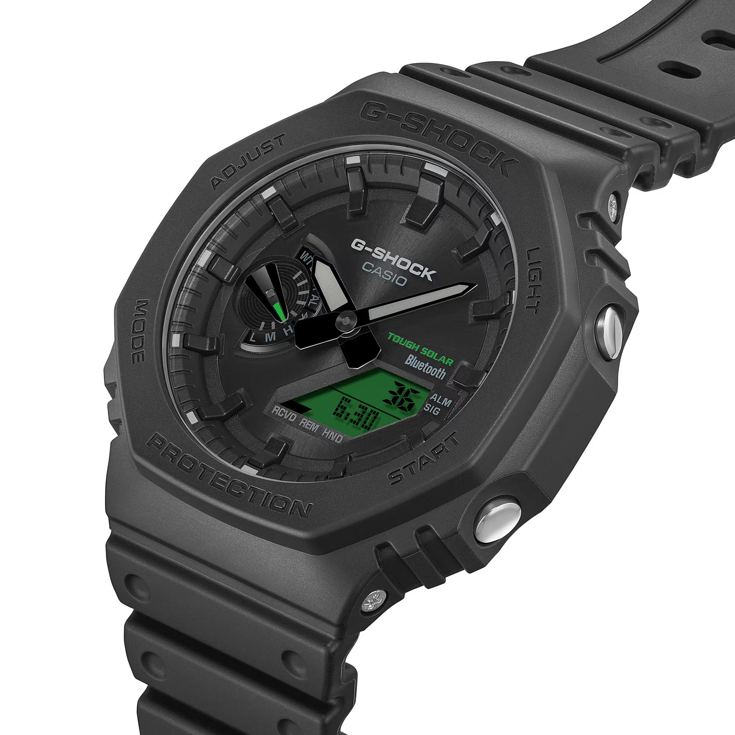 Black G-Shock watch with digital display on a white background
