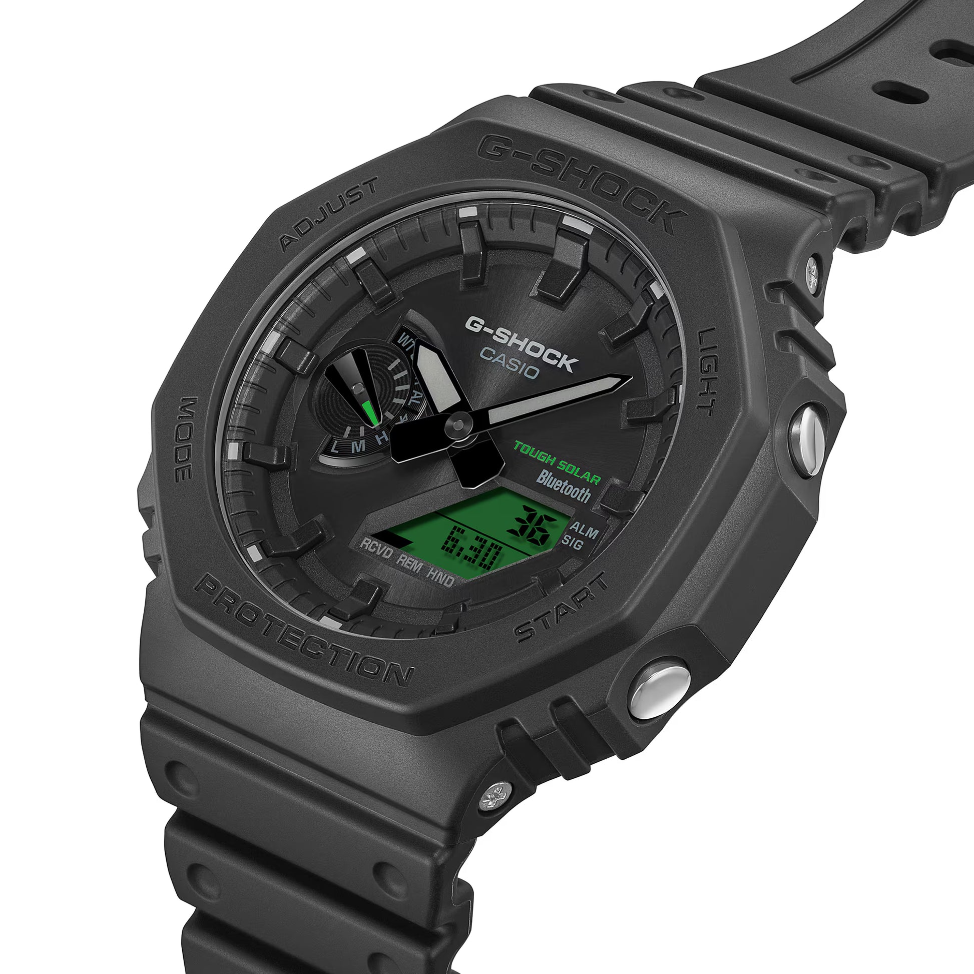 Black G-Shock watch with digital display on a white background
