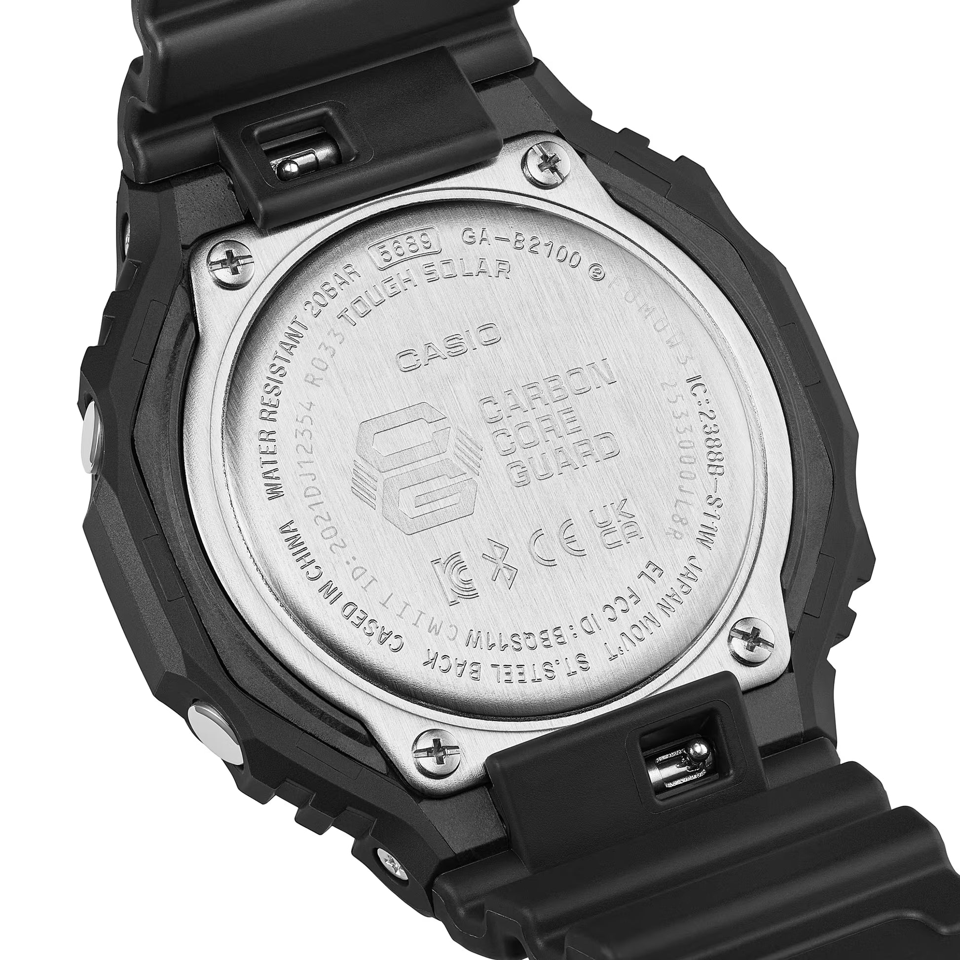 Back view of a Casio watch with branding and technical details.