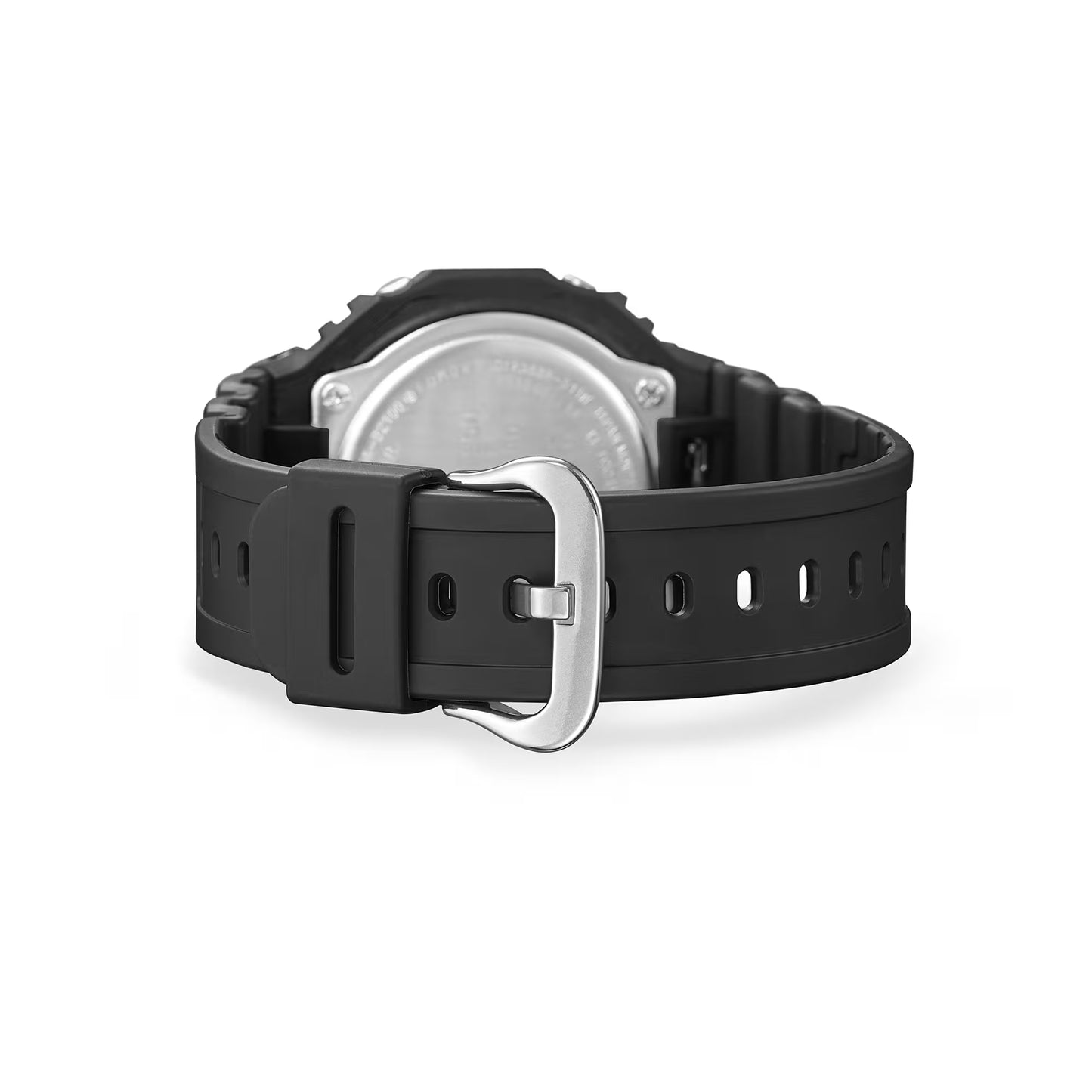 Black wristwatch with a silver buckle on a white background