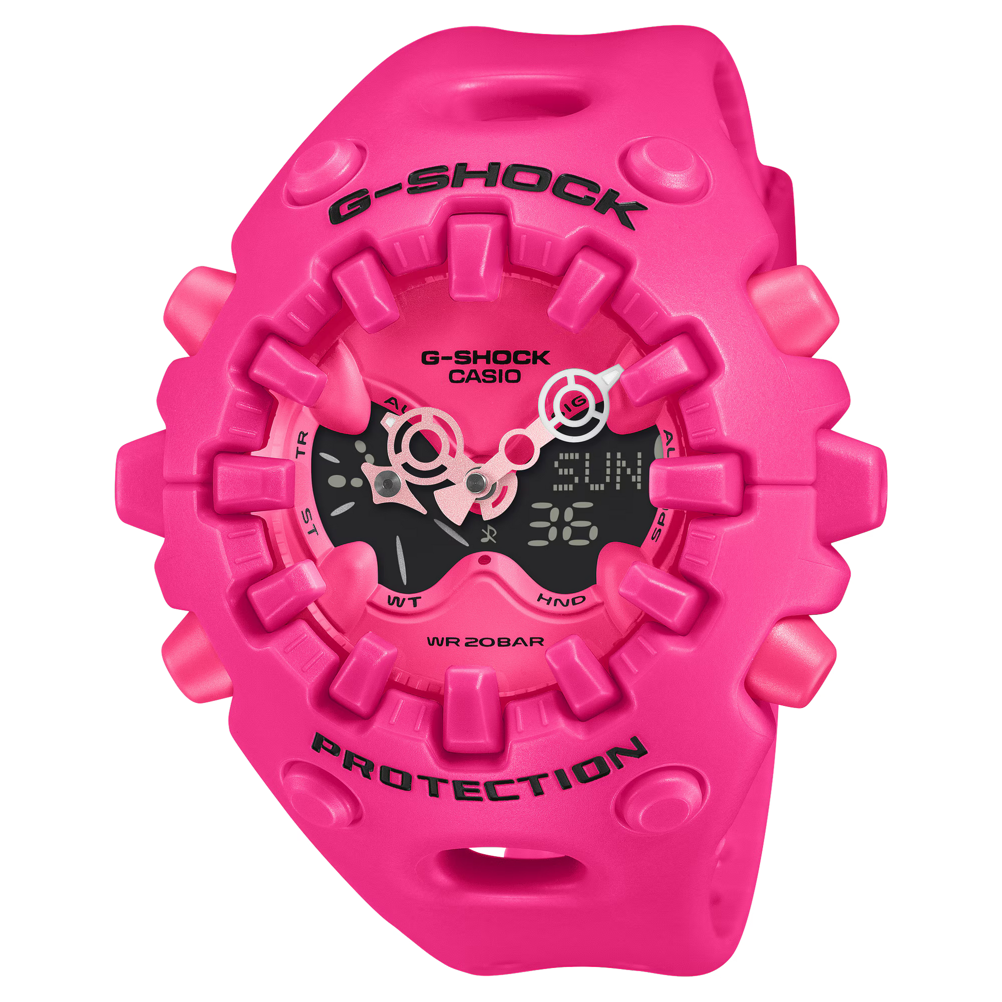 G-SHOCK GAV01-4A watch in vibrant pink with full-screen LCD, metallic open-work dial, large dimensional indexes, magnetic Shock Release Hand structure, resin case and band, 200-meter water resistance, Super Illuminator LEDs, and bold modern hybrid design.
