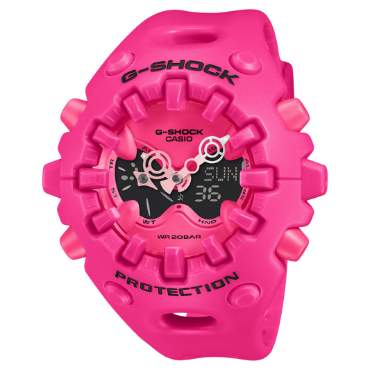 G-SHOCK GAV01-4A watch in vibrant pink with full-screen LCD, metallic open-work dial, large dimensional indexes, magnetic Shock Release Hand structure, resin case and band, 200-meter water resistance, Super Illuminator LEDs, and bold modern hybrid design.