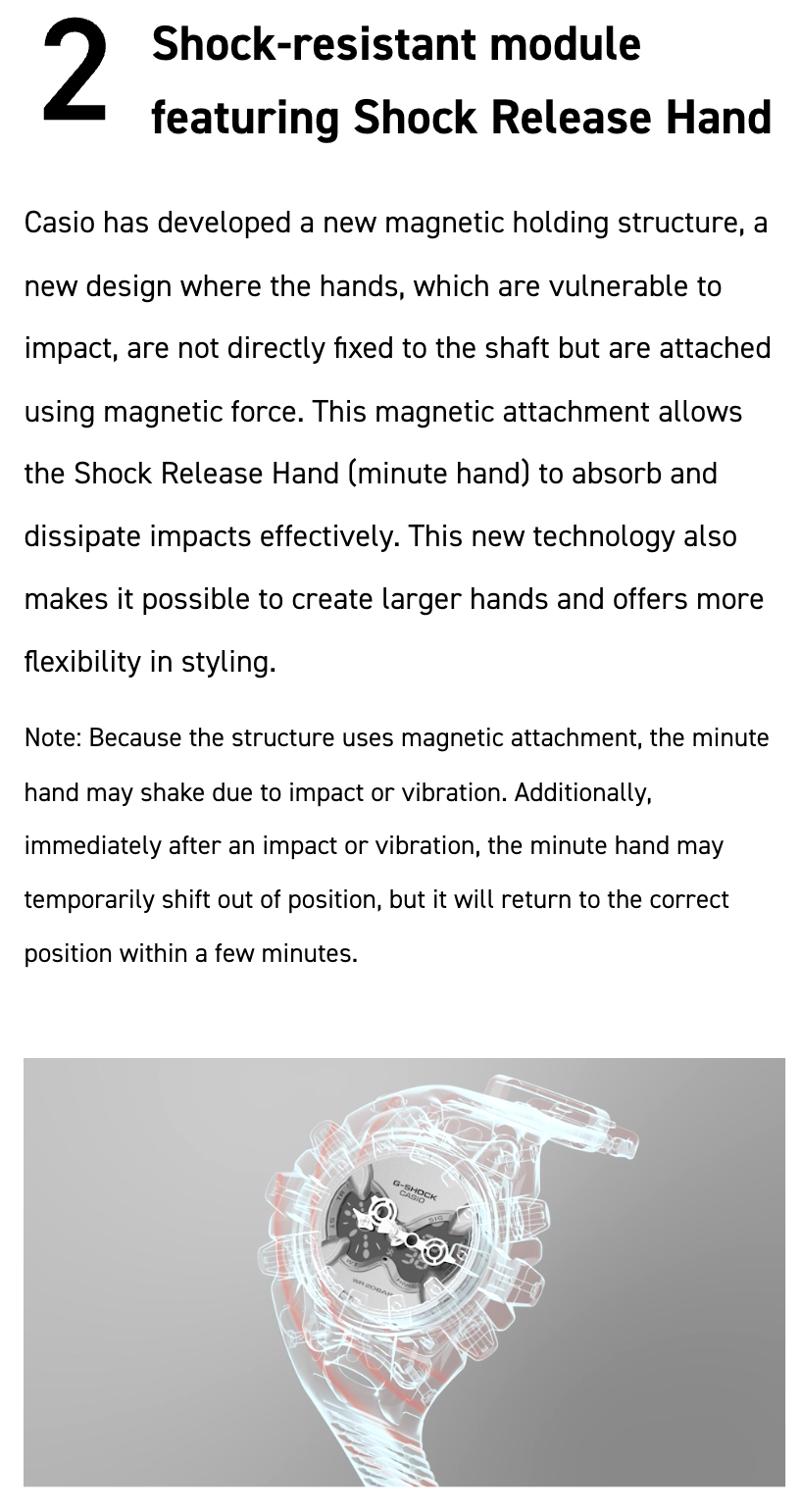 Technical description of Casio watch mechanism with shock-resistant module and Shock Release Hand feature.