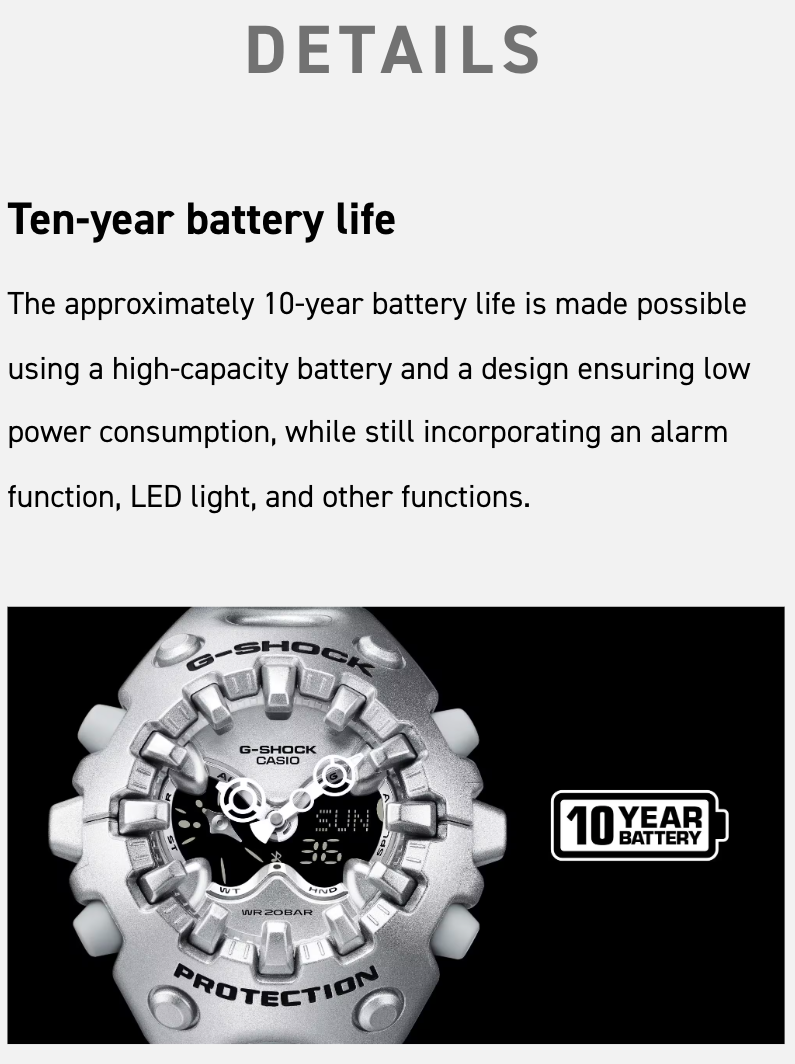 G-Shock watch with 10-year battery life feature on a white background