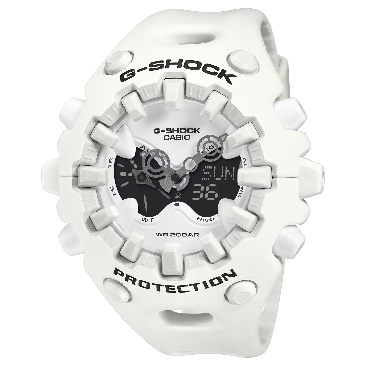 G-SHOCK GAV01-7A white resin watch featuring a full-screen LCD, metallic open-work dial, large dimensional shock-absorbing indexes, magnetic Shock Release Hand structure, double LED Super Illuminator, and modern sculpted case design with 200-meter water resistance.
